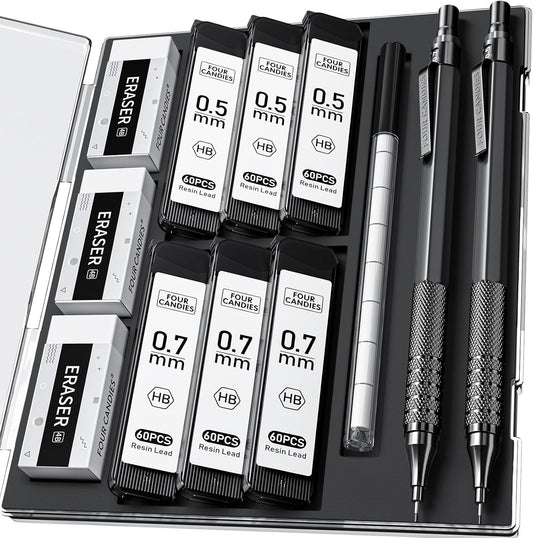 Four Candies 2PCS Metal Mechanical Pencils Set with Case, 0.5mm & 0.7 mm Artist Pencil with 6 Tubes (360PCS) HB Lead Refills, 3 Erasers,9 Eraser Refills For Writing Drafting, Drawing, Black