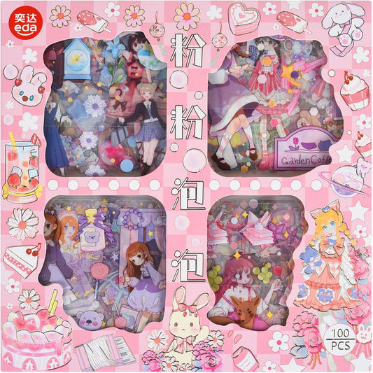 EAMOTOL 100 Sheets Kawaii Girls Stickers Kit for Journaling - Cute Sweet Cartoon PET Transparent Collage Scrapbooking Supplies Sticker Decal for Junk Journals Handbook Laptop Cards DIY Arts Crafts