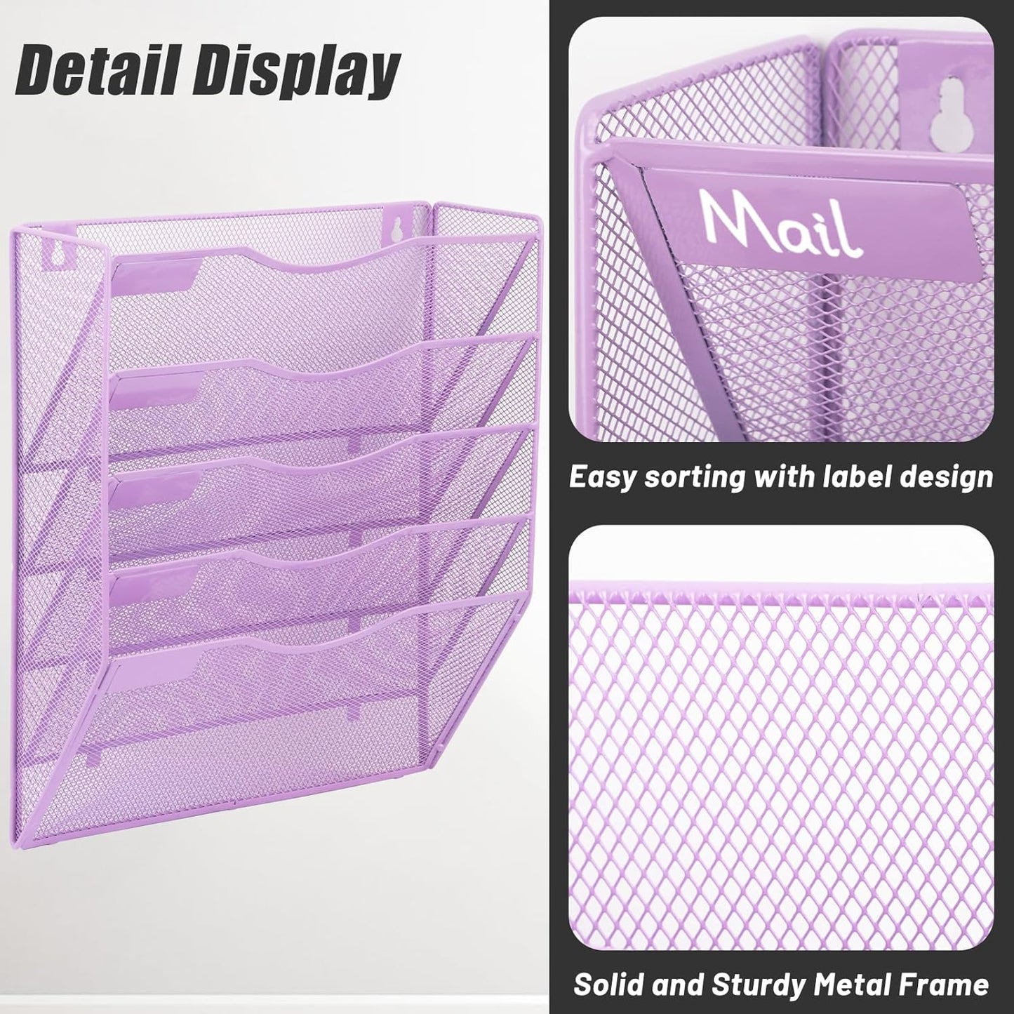 EASEPRES 5 Pocket Mesh Hanging Wall File Organizer, Wall Mounted Mail Paper Document Folder Holder, Clipboard Storage Organization Magazine Rack with Nametag Label for Office Home School, Light Purple