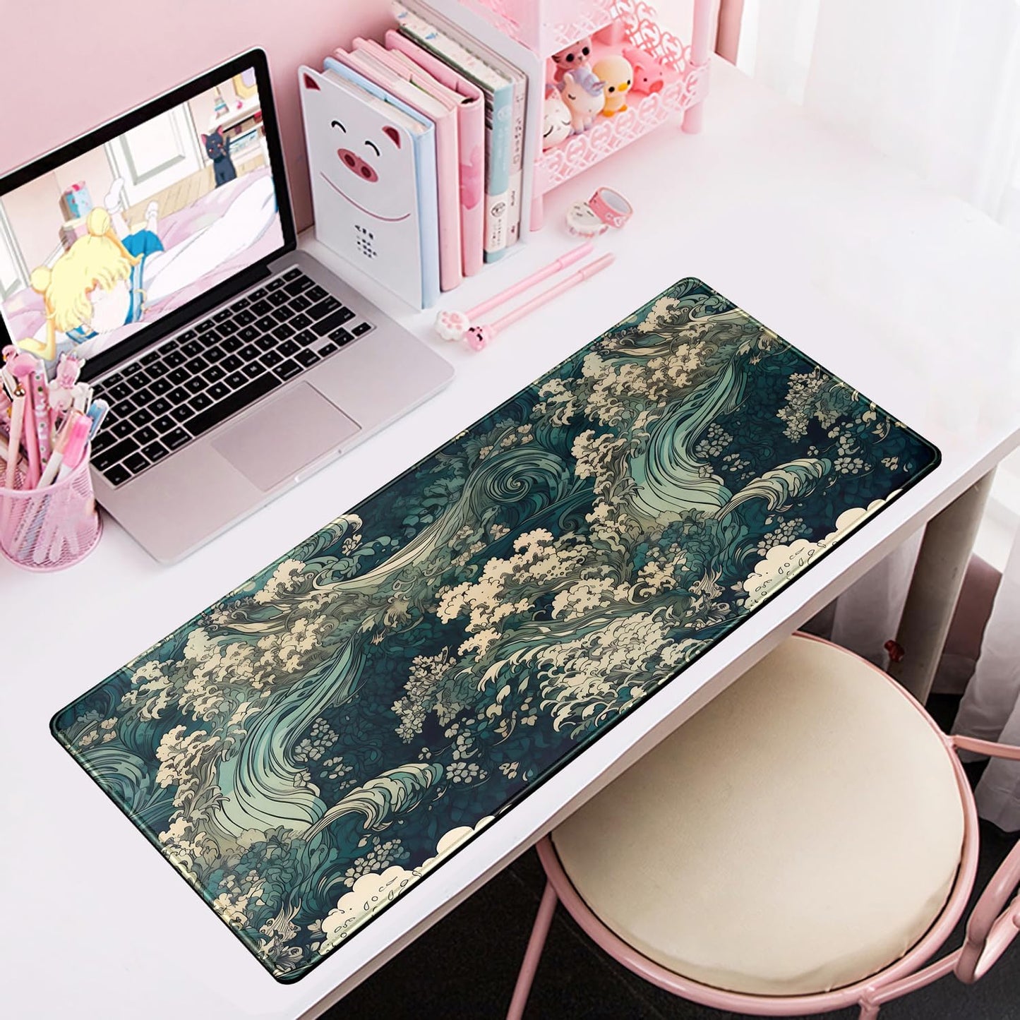 Japanese Large Mouse Pad Gaming Sea Wave Desk Pad Blue Sea Flower Art Aesthetics Desk Pad Non-Slip Rubber Base Mice Pad, 31.5 X 11.8 in for Laptop Computer Mouse Keyboard Mat of Office Desk Decor