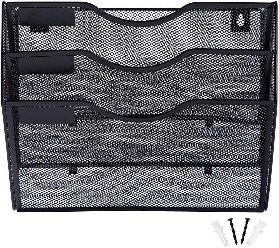 EASEPRES 3 Pocket Mesh Hanging Wall File Organizer, Wall Mounted Mail Paper Document Folder Holder, Clipboard Storage Organization Magazine Rack with Nametag Label for Office Home School, Black