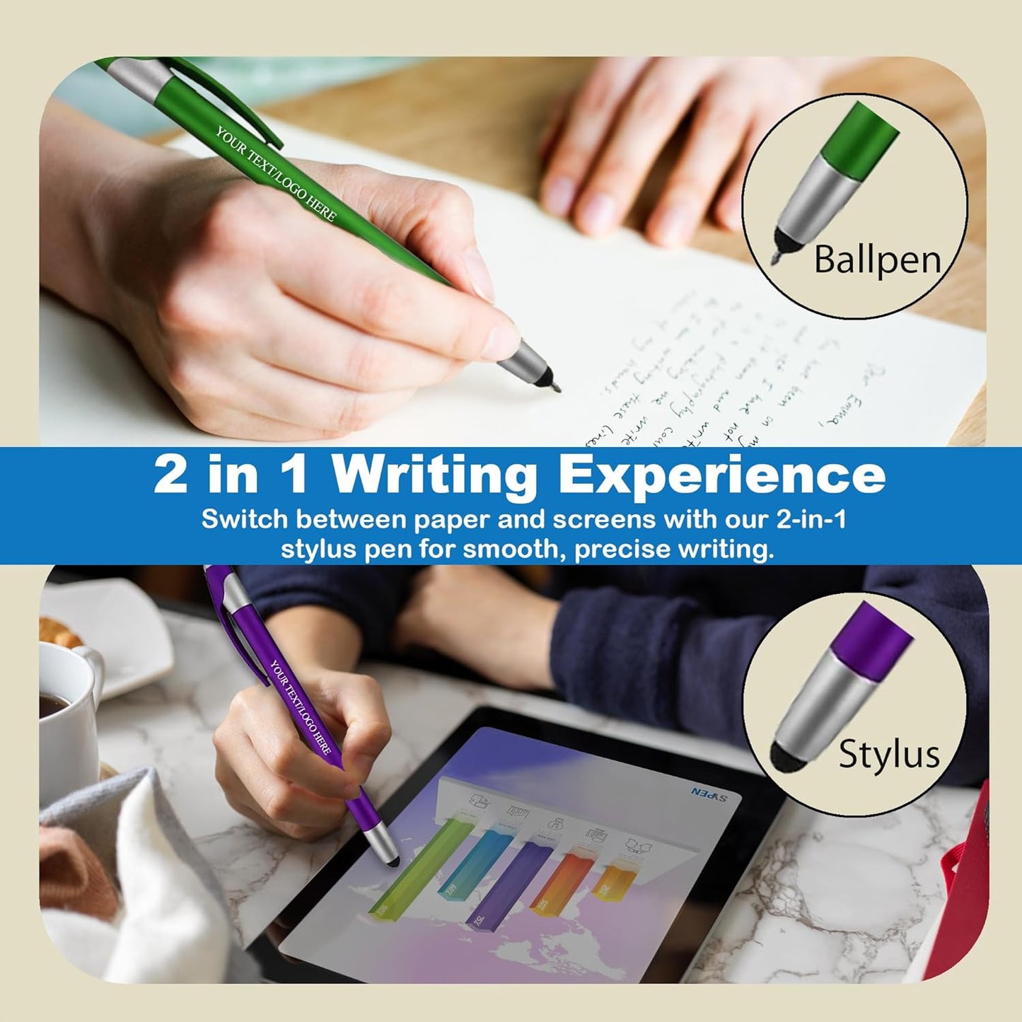 Personalized with Your Custom Logo or Text Pens-Pack of 300- for Marketing, Parties, and Events, 2 in 1 Capacitive Stylus & Ballpoint Pen Compatible with Touchscreen Devices, Black Ink, Assorted