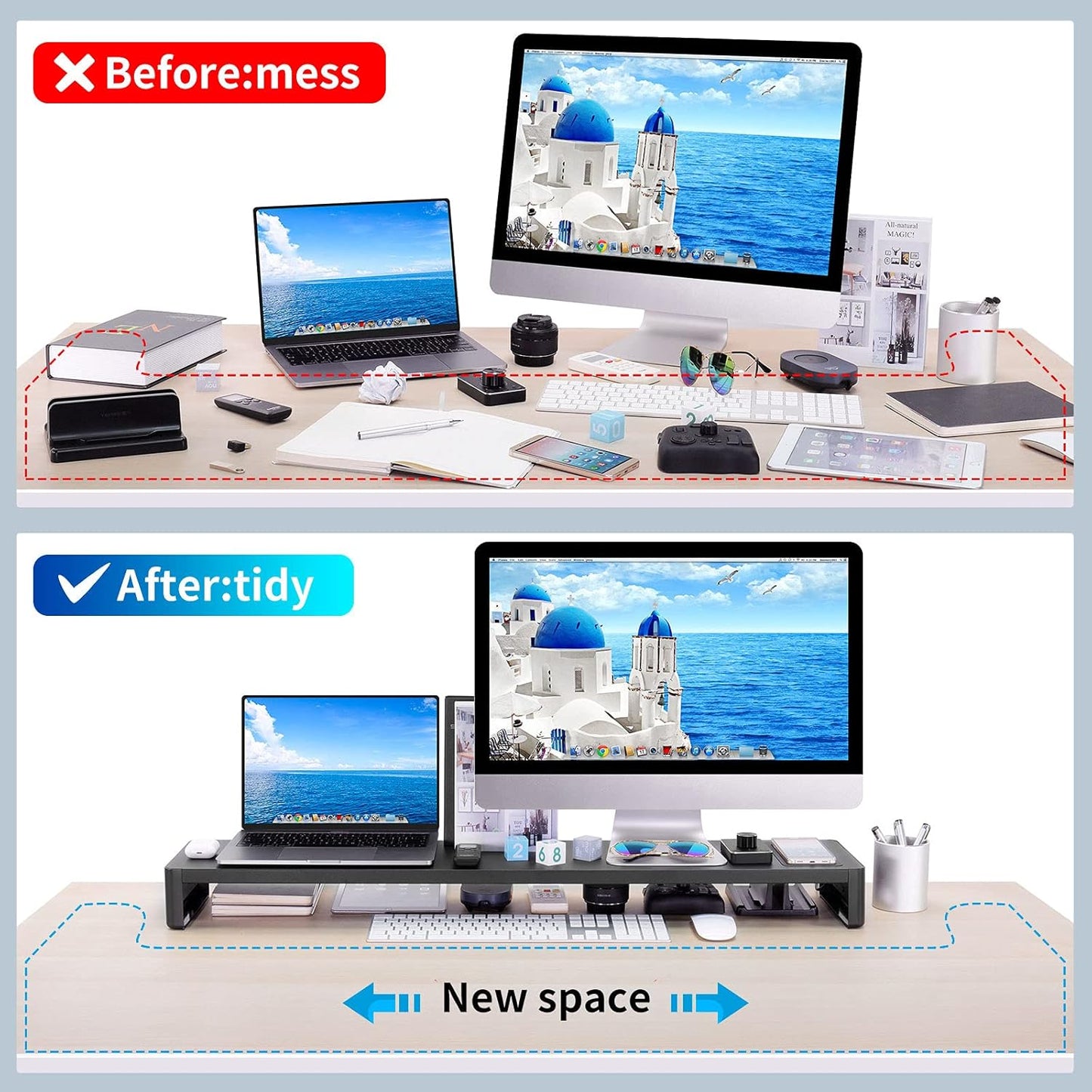 Dual Monitor Stand with Wireless Charging and 4 USB 3.0 Ports, Steel Monitor Stands for 2 Monitors, Metal Computer Stand Riser for Desk, Office, Laptop, PC up to 32 Inches (Black)