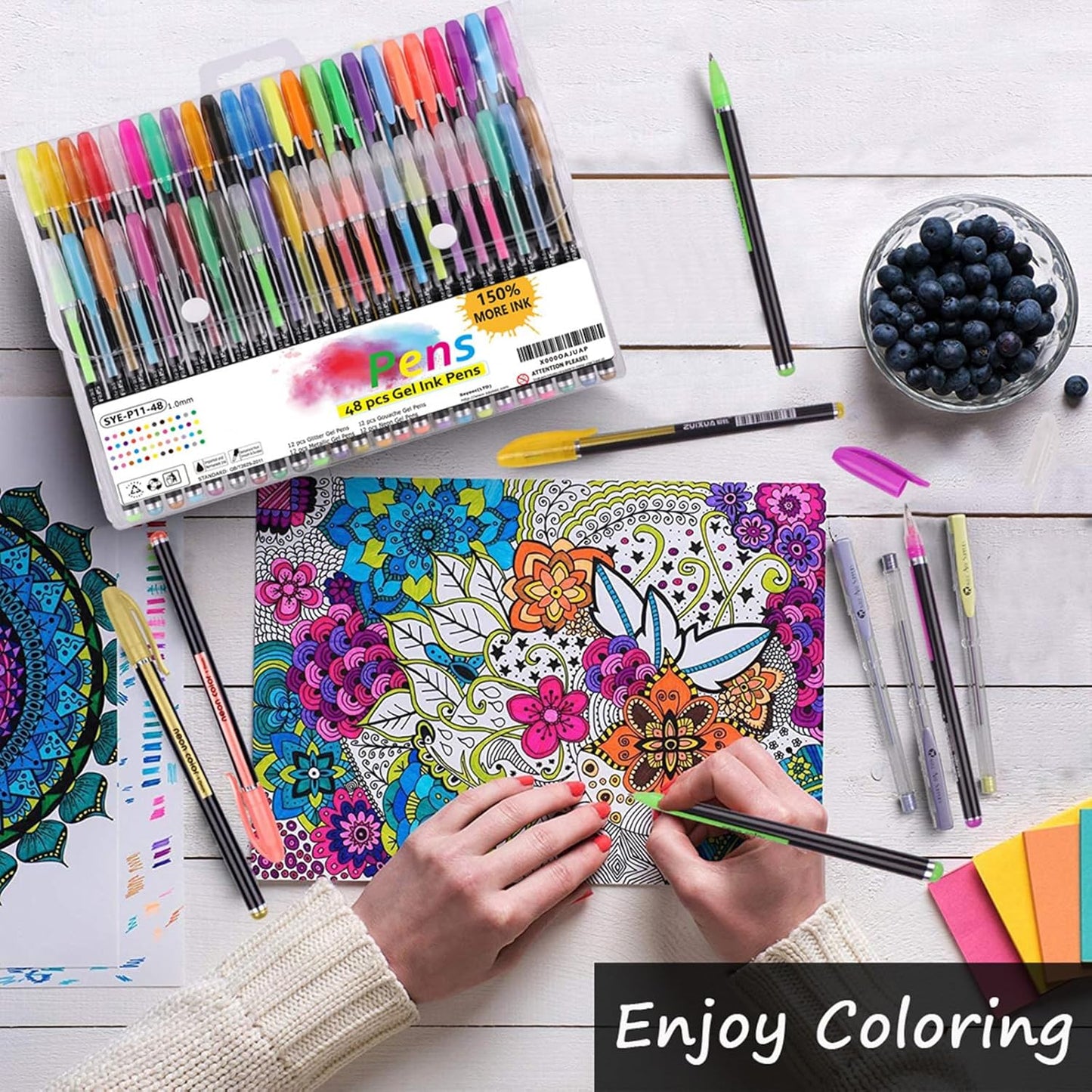 Lemical 48pcs Gel Ink Pens - 4 Types (12 Pastel, 12 Neon, 12 Metallic, 12 Glitter) Colors Drawing Pens for Greeting Cards, Coloring Books, Office Art