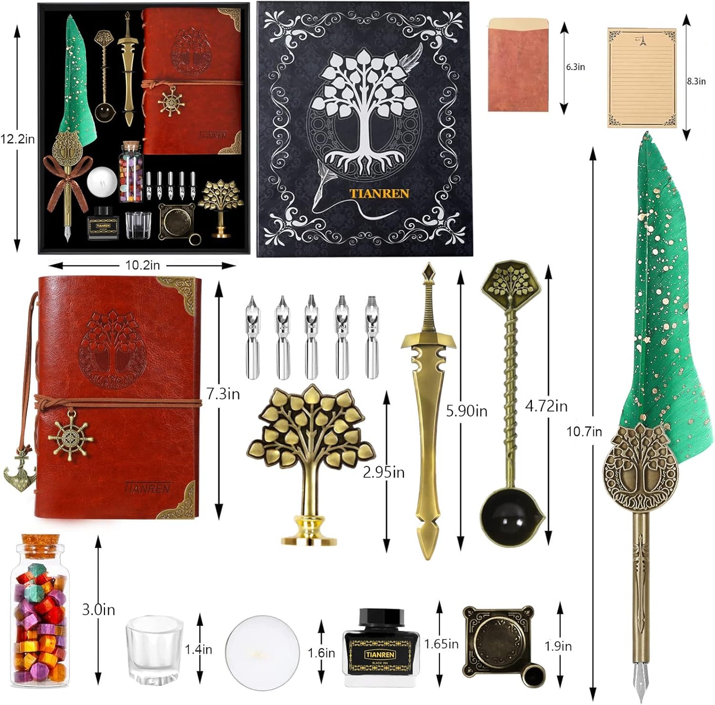 Quill Pen and Ink Set,Feather Dip Pen,Antique Calligraphy Pen with 5 Replaceable Nibs,Wax Seal Stamp kit,Wax Beads & Leather Writing Notebook Christmas gift for Men&Women(Green)