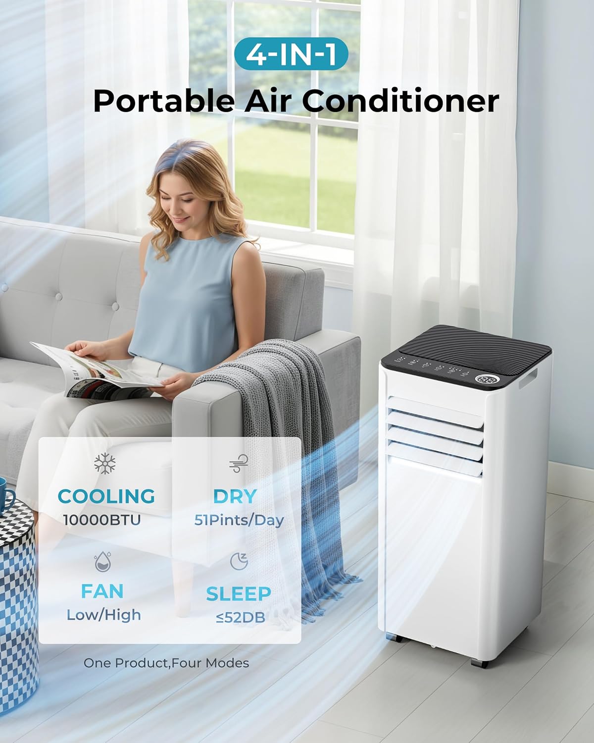 EUHOMY 10,000 BTU Portable Air Conditioners Unit Up to 450 Sq.Ft, 3-in-1 Portable Air Conditioner, Portable AC Unit with Cool, Fan, Dehumidifier, Sleep Mode, 24H Timer, RVs, Office, Apartments, White