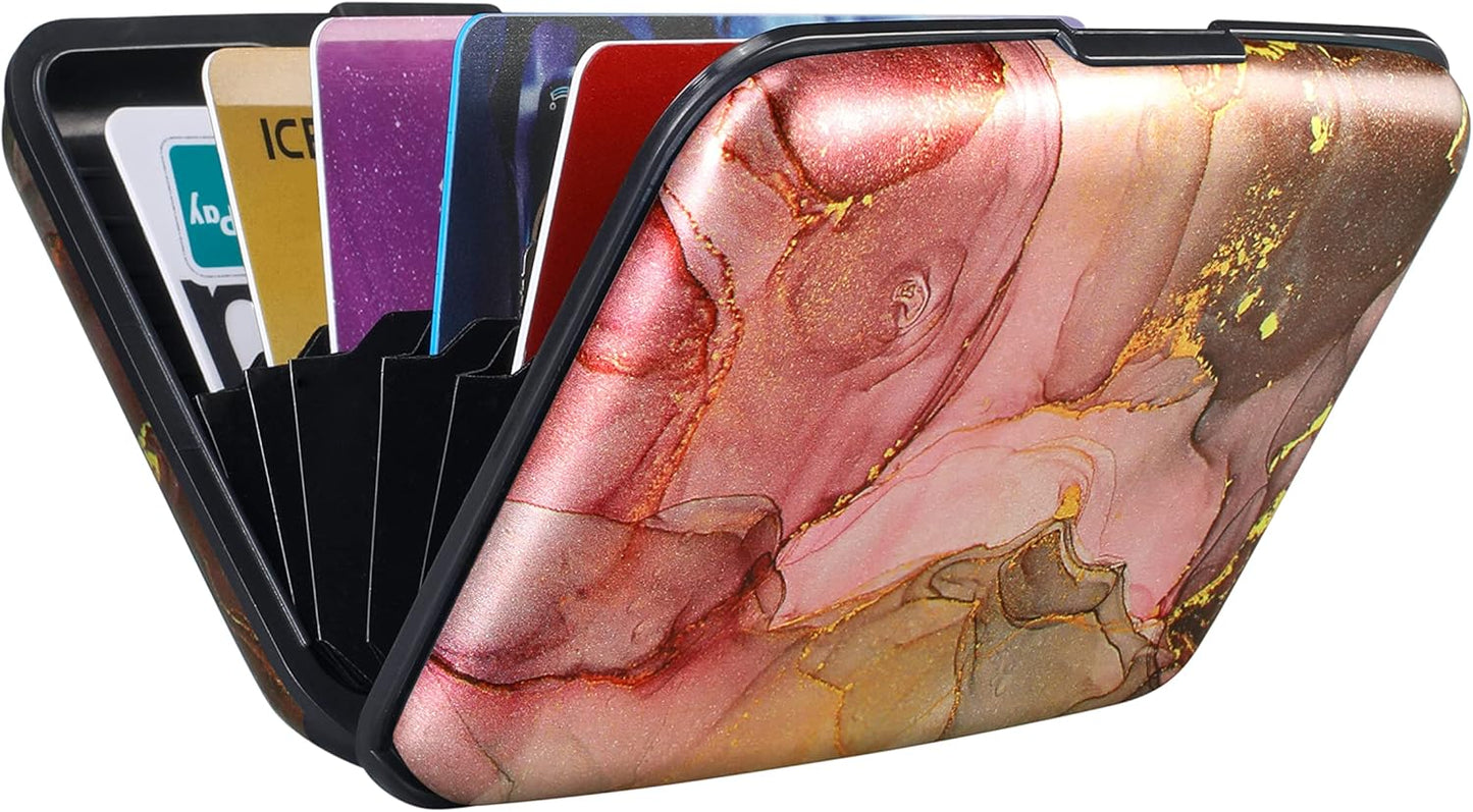 ELFISH Mini RFID Aluminum Wallet Credit Cards Holder Business Card Case Metal ID Case for Men Women（Pink Grey Marble