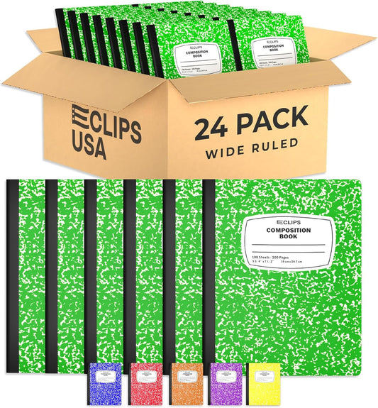 E-CLIPS USA Composition Notebooks, (24 Pack), Wide Ruled Composition Notebook, Marble Composition Notebook, 100 sheets, 200 Pages (24, Green)