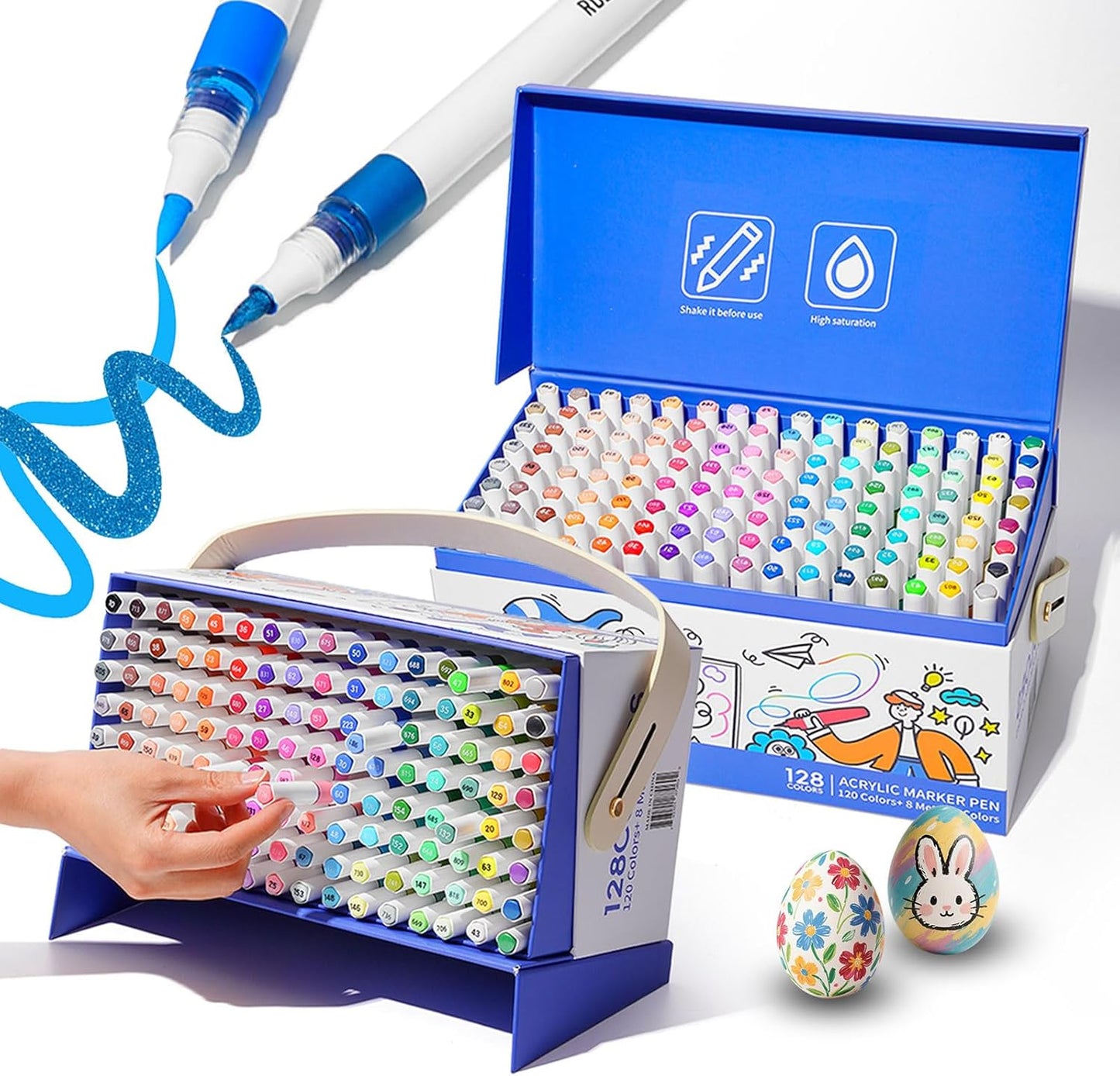 ROSYMENG Acrylic Paint Markers, 120 Colors + 8 Metal Colors - Large Ink Capacity, High Coverage with Brush Tip Acrylic Paint Pens, Suitable for Wood, Glass, Rock, and Fabric - Student School Supplies