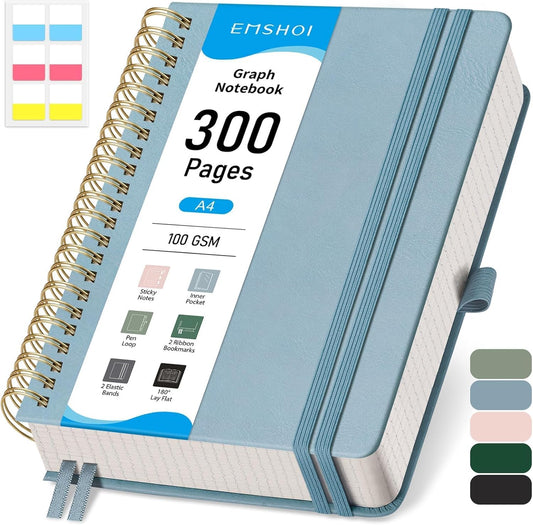 EMSHOI Spiral Graph Paper Notebook - 300 Pages, 100 GSM Thick Grid Notebook, A4 Large Hardcover Leather Journal for Women Men Work School Writing Engineering Graphing, 8.27" x 11.2", Gray Blue