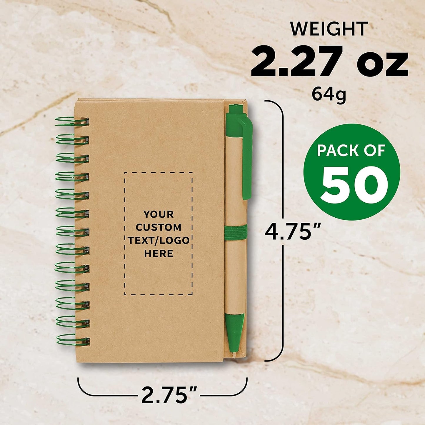 Custom Mini Spiral Notebooks with Black Ink Pens Set of 50, Personalized Bulk Pack - Perfect for School, Office, Business, Home - Green
