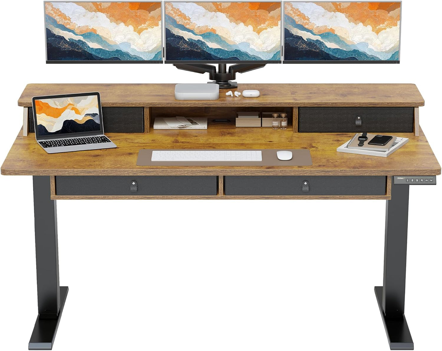 ErGear Electric Standing Desk with 4 Drawers, 63" x 30" Height Adjustable Desk with Storage, C-Clamp Mount Compatible, Computer Home Office Table with Cable Management Tray, Vintage Brown