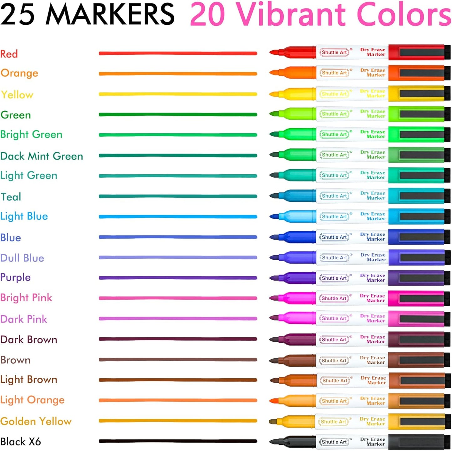 Shuttle Art Dry Erase Markers, 25 Pack 20 Colors Whiteboard Markers,Bundled with 5 Extra Black, Fine Tip Markers for Kids,Perfect for Writing on Dry-Erase Surfaces,School Office Supplies
