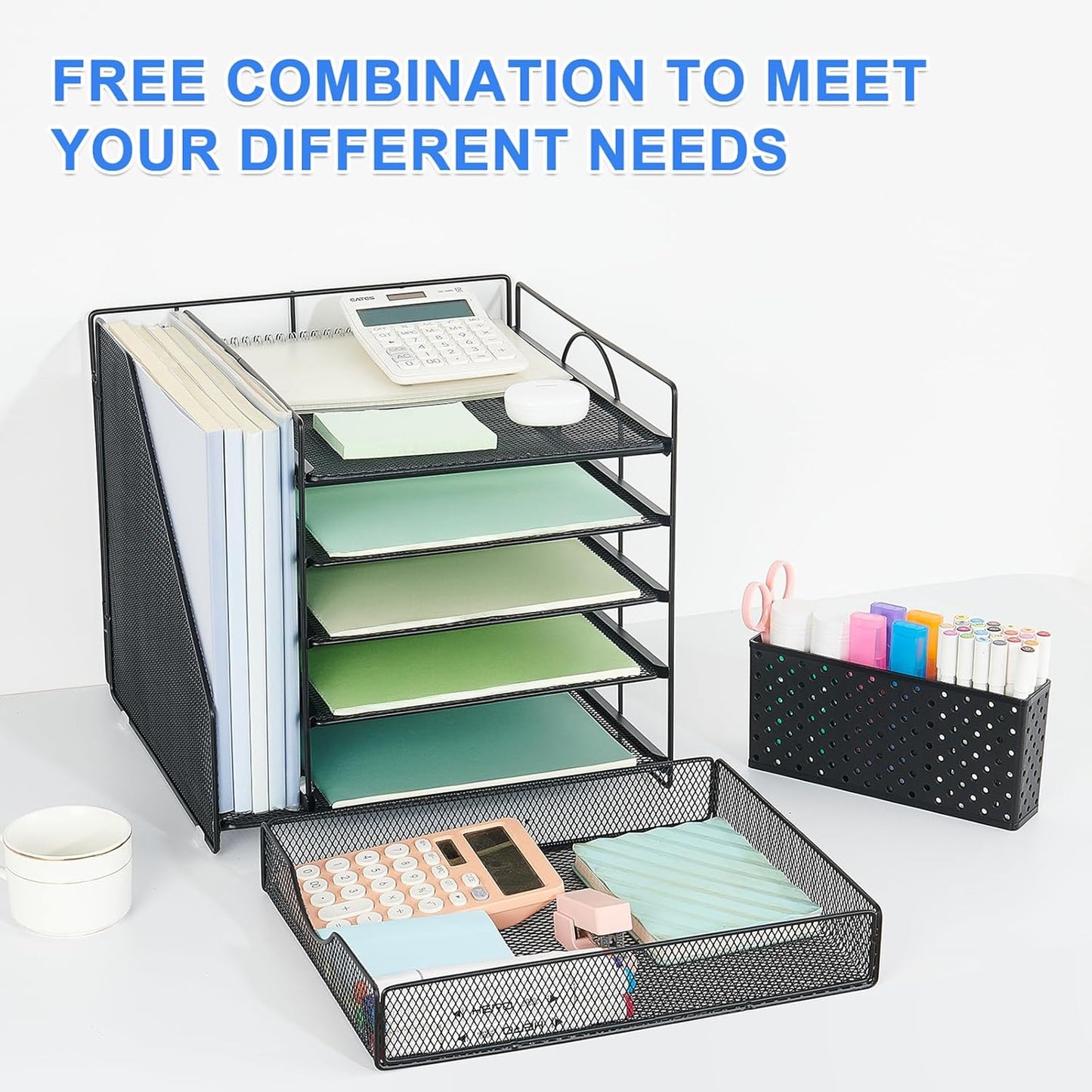 Desk Organizer with Drawer and Pen Holder, 5-Tier Paper Letter Tray Organizer with File Holder, Suitable for Workspace Organizer Office Supplies Storage (Black)