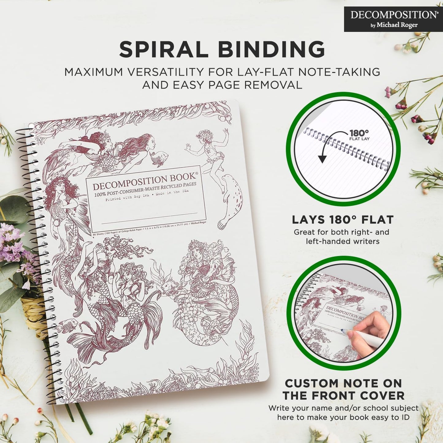 Decomposition Mermaids College Ruled Spiral Notebook - 9.75 x 7.5 Journal with 160 Lined Pages - 100% Recycled Paper - Cute Notebooks for School Supplies, Home & Office - Made in USA