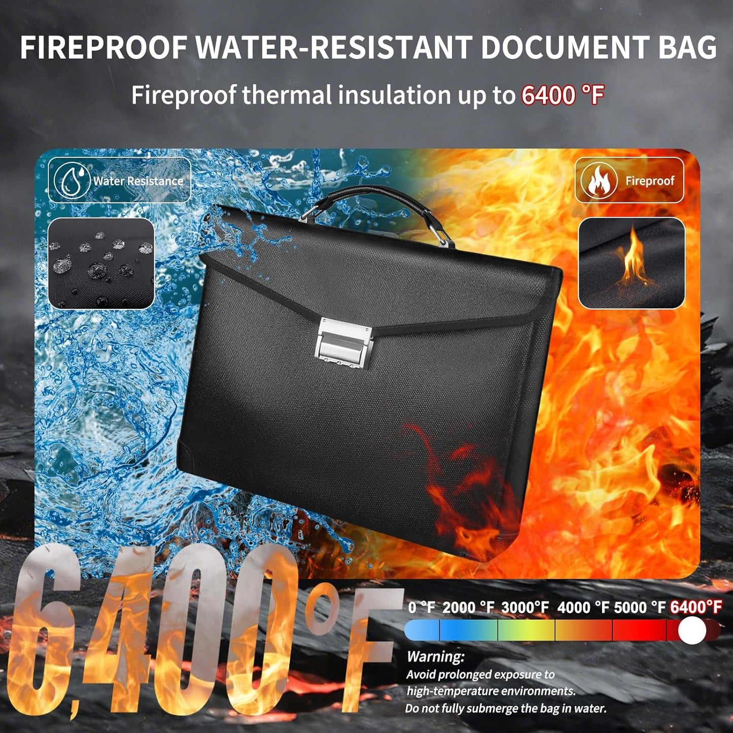 Fireproof Document Bag 14.5"X11"X2.5" Fireproof Money Bag for Cash With Lock and Zipper,Fire&Waterproof Storage Organizer Pouch for Valuables,Legal Document,Laptop,Passport,(Black)