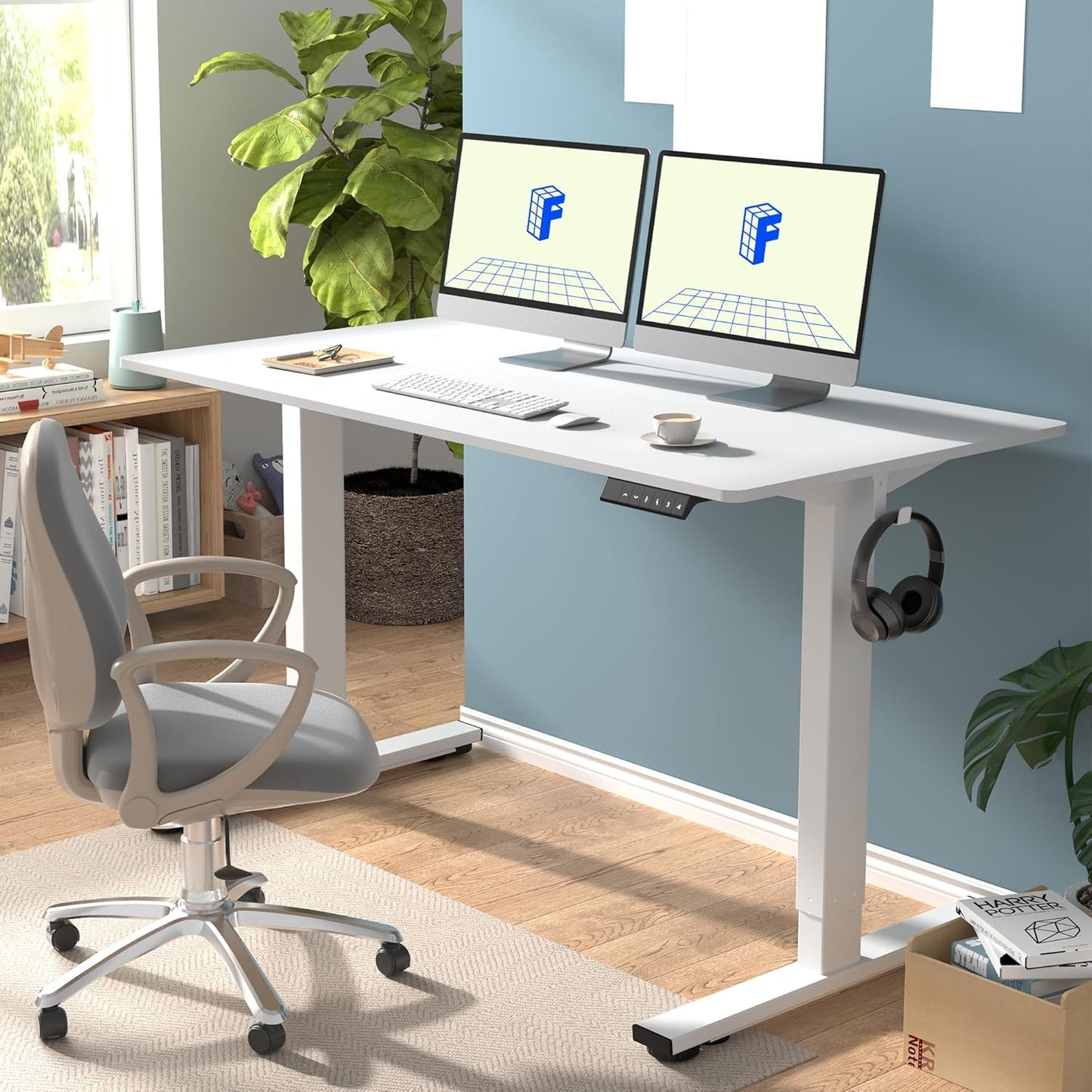 FLEXISPOT EN1 Whole Piece Standing Desk 55 x 28 Inches Stand Up Desk Workstation for Home Office (White Frame + White Top, 2 Packages)