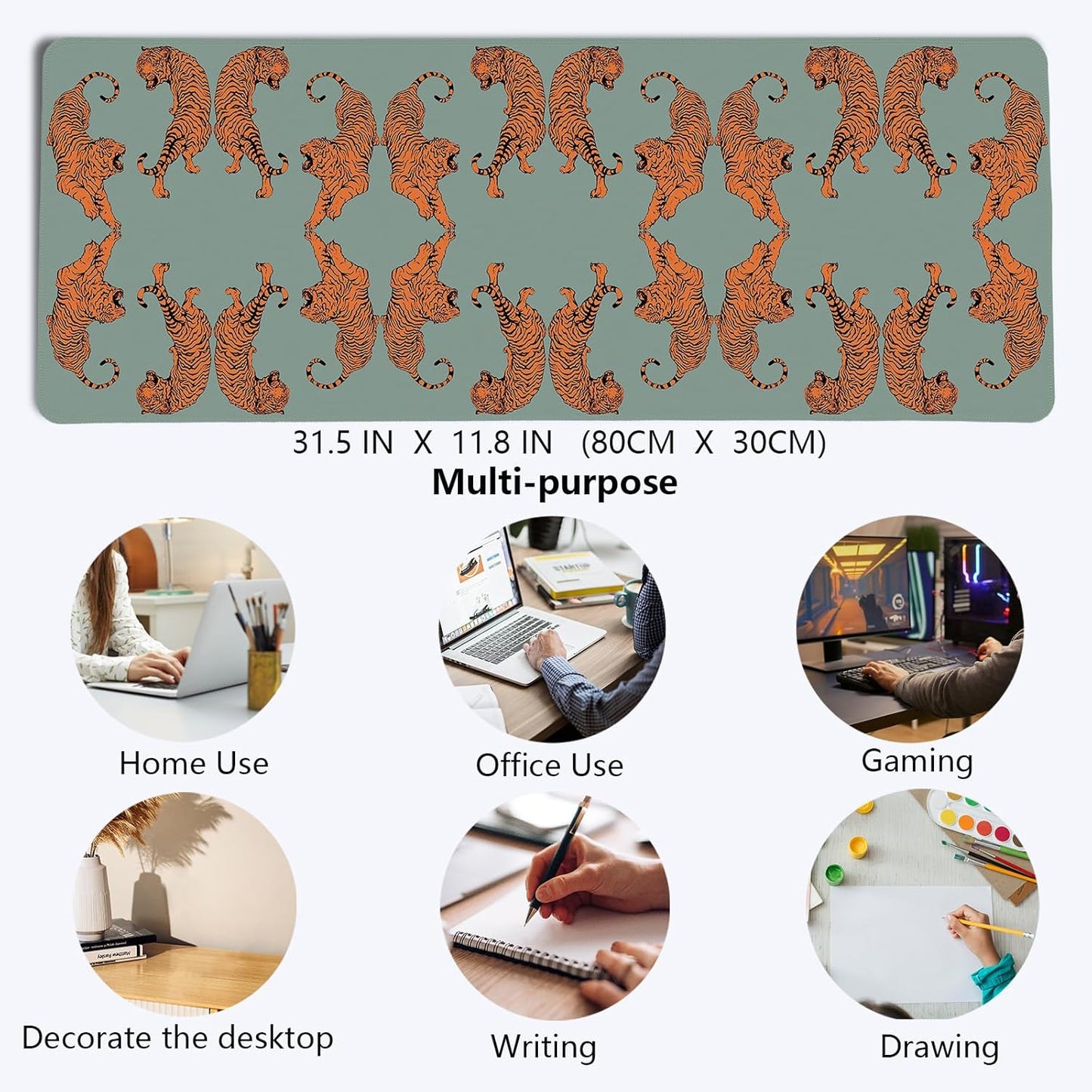 Sage Green Tiger Decor Mouse Pad,Cheetah Desk Mat,XL Large Leopard Mouse Pad,Preppy Desk Mat for Dorm Home Office Decor,31.5x11.8 Inch