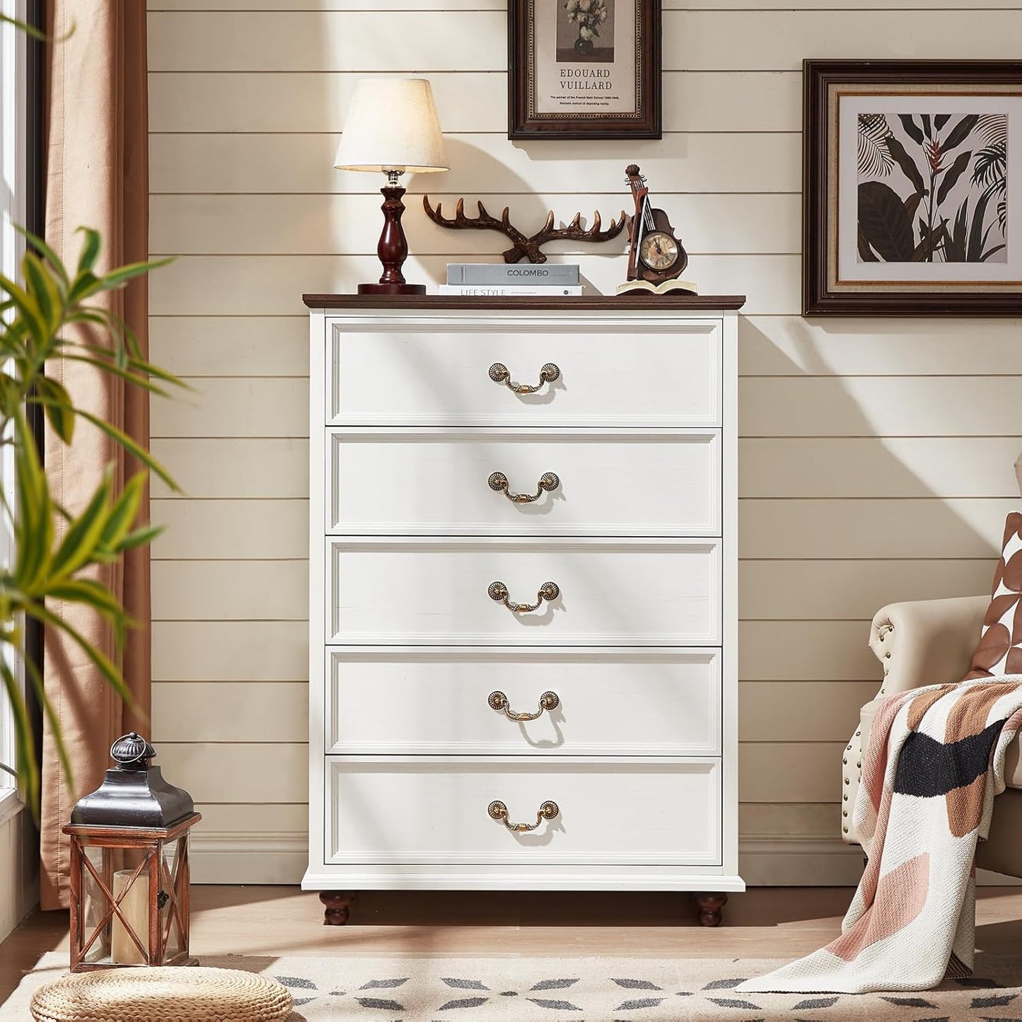 Farmhouse 5 Drawer Dresser for Bedroom, 45" Tall Rustic Chests of Drawers w/ 4 Solid Wood Feet, Mid Century Modern Wooden Closet Storage Dressers Organizer for Living Room, Hallway, White