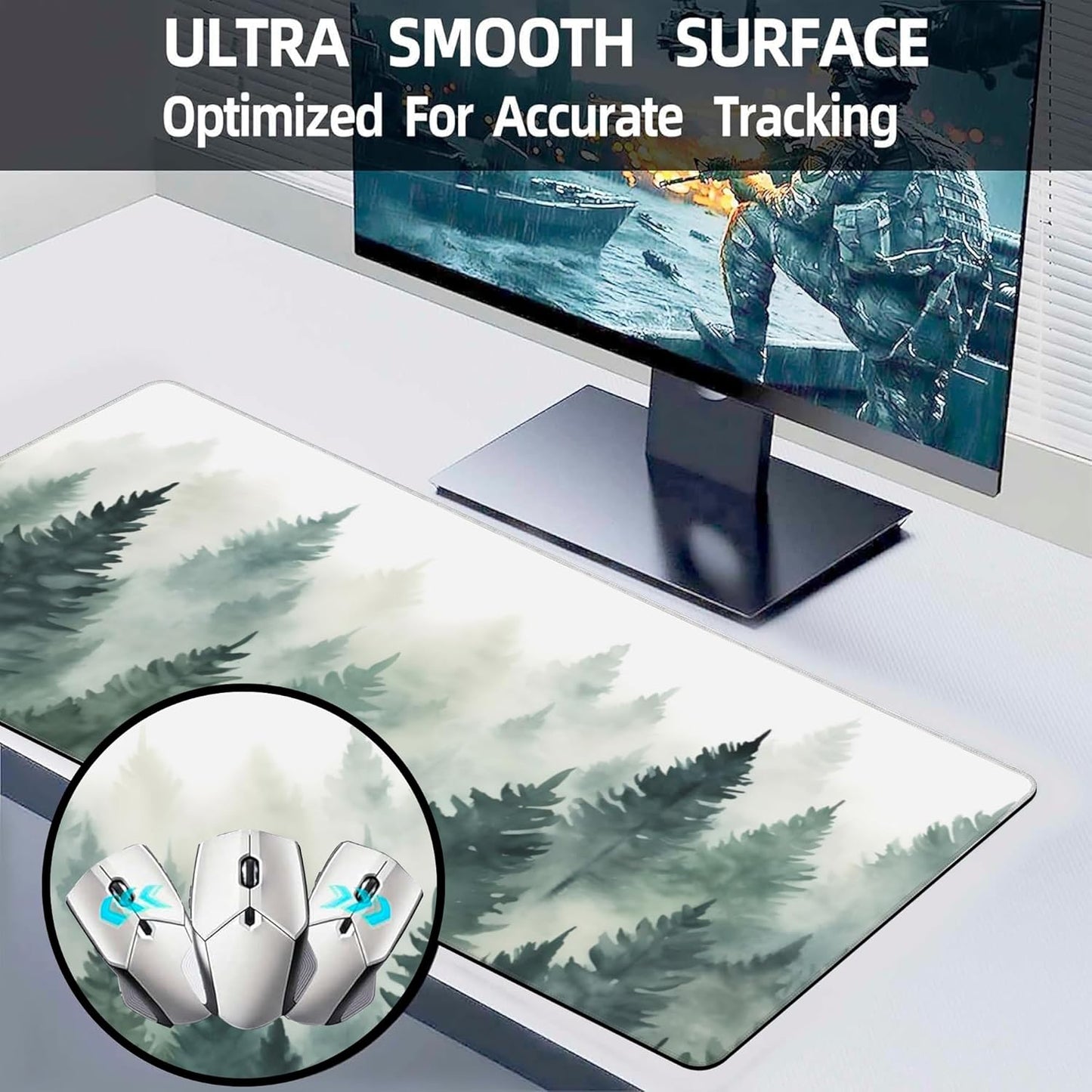 Extended Large Gaming Mouse Pad, Misty Forest Large Desk Mat for Desktop XXL, Non-Slip Rubber Base Stitched Edges Long Computer Keyboard Desk Pad Mouse Mat for Gaming Home Office 35.4"X15.7"