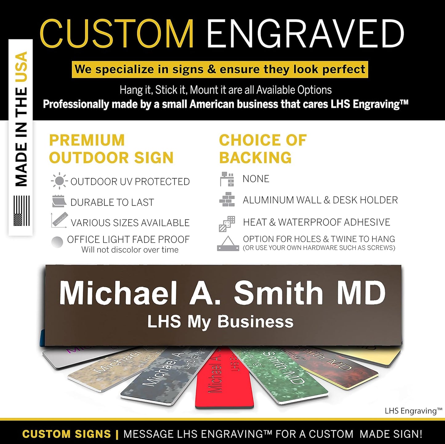 Door Name Plate Personalized for Office Brown Plastic Name Plate with White Letters - Made in USA 2x8 B25