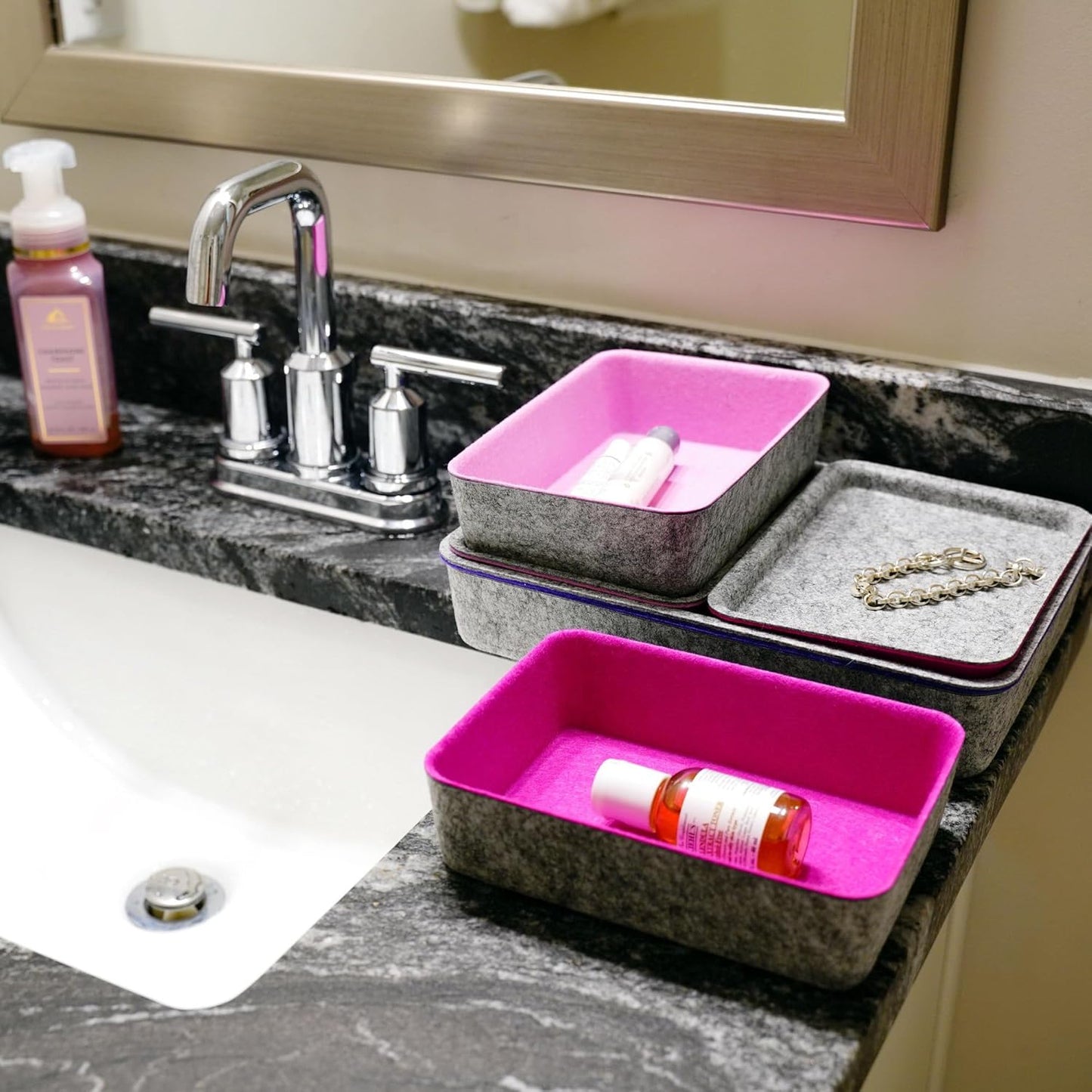 Welaxy Lidded Felt Drawer Organizer Trays with lids Desktop Organizer Bins Storage box for crafts office supplies pen Junk Makeup Stationery Organize 3-Pack ( light pink + hot pink + purple)