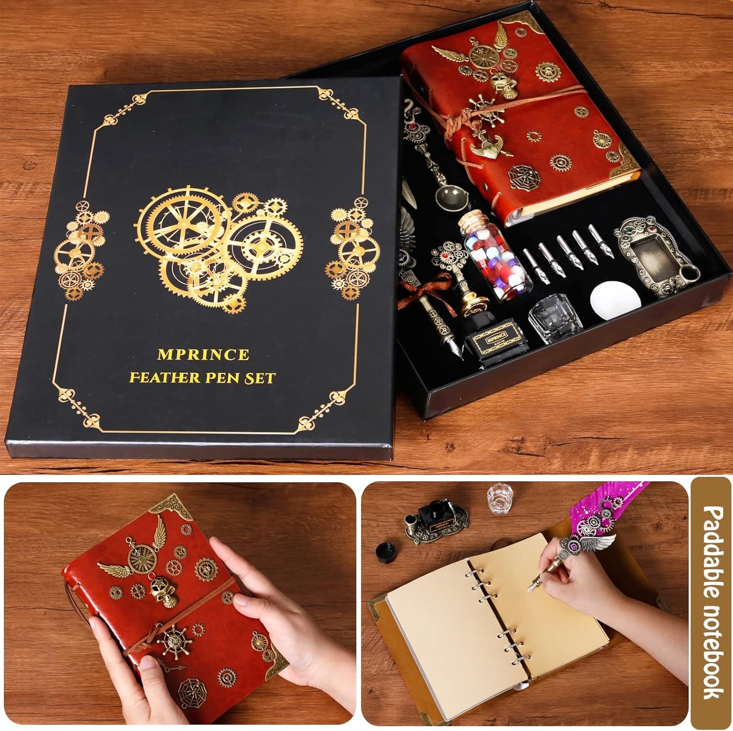 Aifeiter Quill Pen Ink Set Leather Notebook With Quill Pen,Notebook, 5 Replaceable Nibs,Seal Stamp,Spoon,Wax Beads,White Wax, Ink,Pen Holder,Cup,Envelope,Letter Paper,Envelope Tool(green)