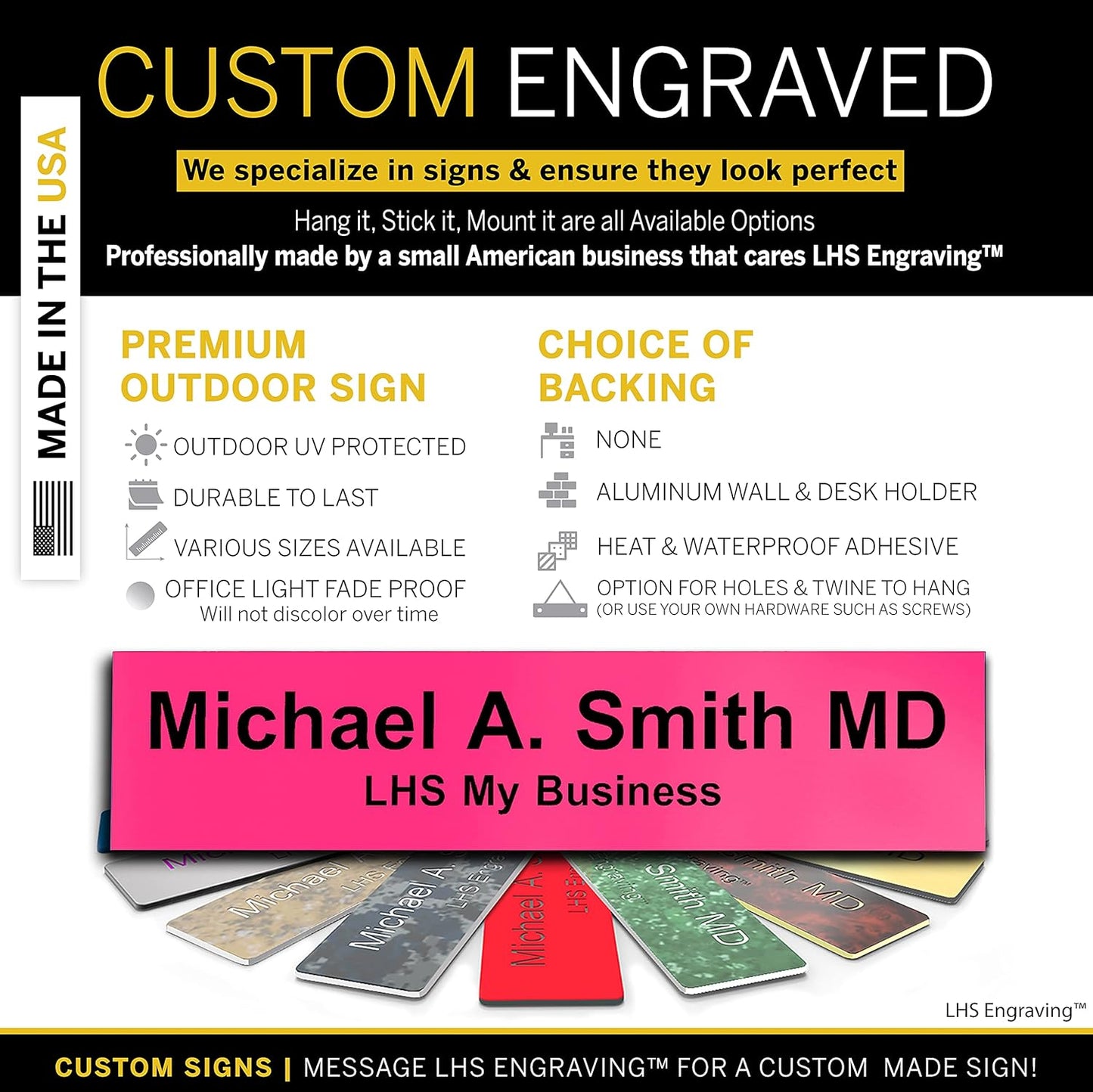 Door Name Plate Personalized for Office Pink Plastic Name Plate Black Letters - Made in USA 2x12 B12