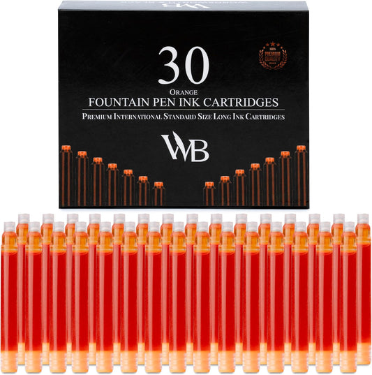 Wordsworth & Black Fountain Pen Ink Refills - Set of 30 Orange Ink Cartridges - International Standard Size - Length APPR 2.3" - Base Diameter APPR 0.24" - Disposable and Generic