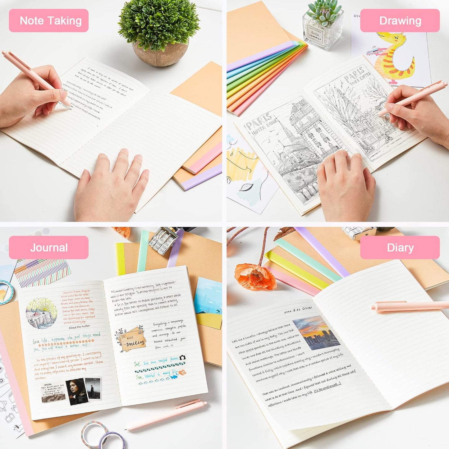 feela 56 Pack Composition Notebooks Bulk, Kraft Cover Lined Blank College Ruled Composition Travel Journals with Rainbow Spines For Women Students Business, 60 Pages, 8.3”x 5.5”, A5, 8 Pastel Colors