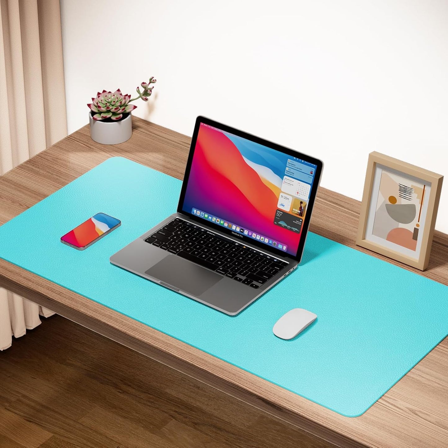 Boutilon Leather Desk Pad Protector,Non-Slip Mouse Pad,Laptop Desk Pad,Office Mouse Mat,Waterproof Leather Desk Blotter,Desk Writing Pad for Office and Home (XL-Bright Blue,35.4"x 15.7")
