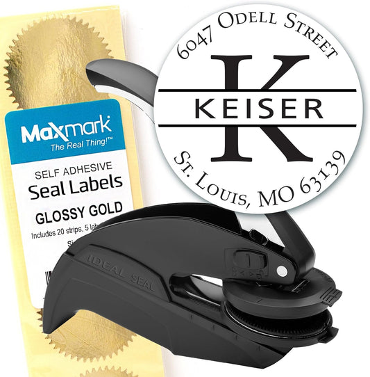 Custom Monogram Address Embosser - Personalized Round Seal with 50 Gold Seal Labels - Style EM022
