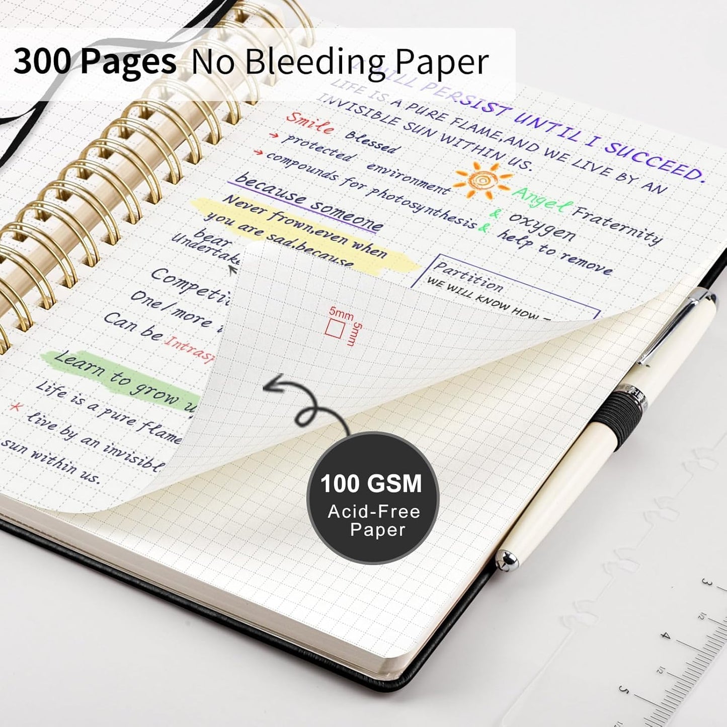 EMSHOI Spiral Graph Paper Notebook - 300 Pages, 100 GSM Thick Grid Notebook, A5 Small Hardcover Leather Journal for Women Men Writing Engineering Graphing, 5.7" x 8.22", Black