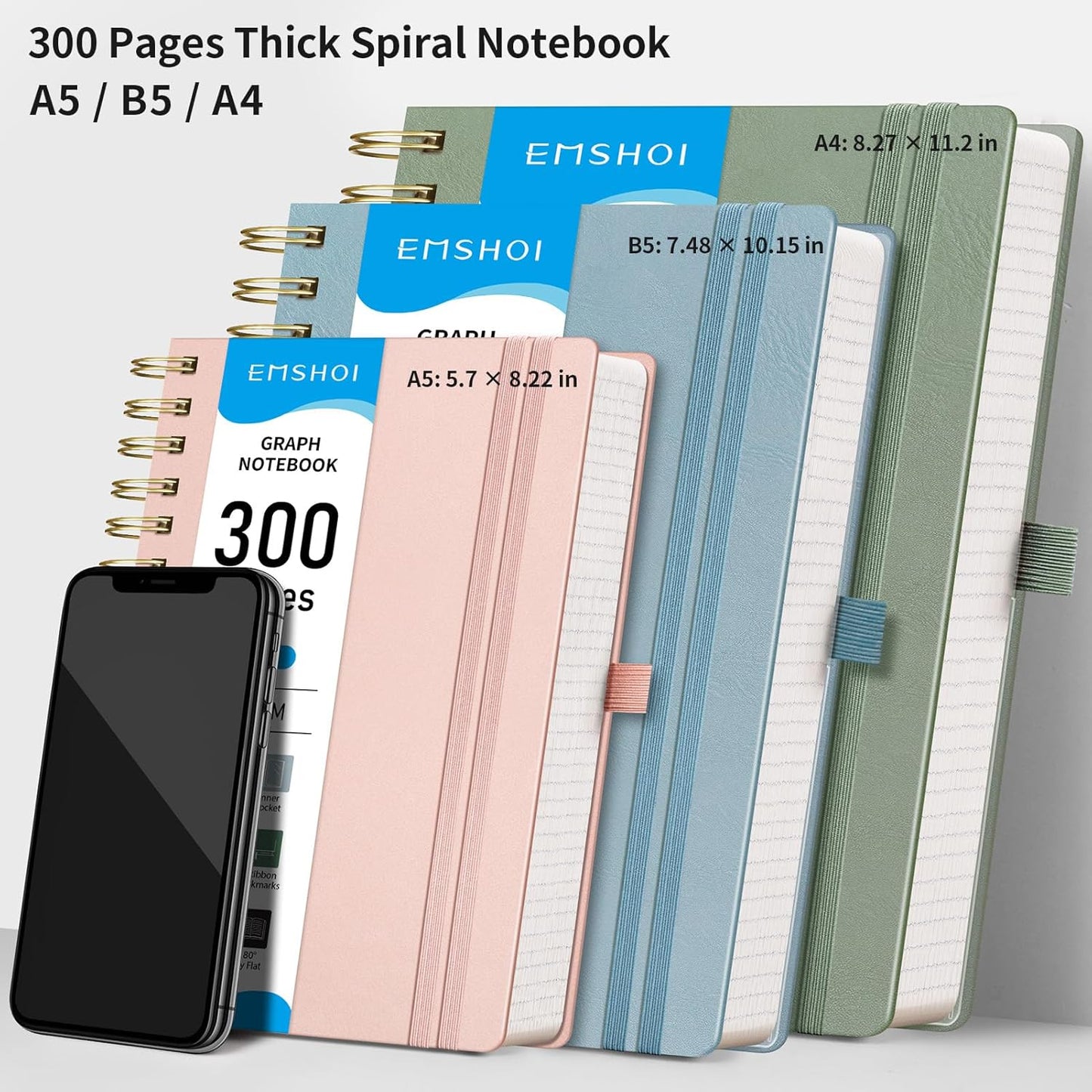 EMSHOI Spiral Graph Paper Notebook - 300 Pages, 100 GSM Thick Grid Notebook, A5 Small Hardcover Leather Journal for Women Men Writing Engineering Graphing, 5.7" x 8.22", Light Green