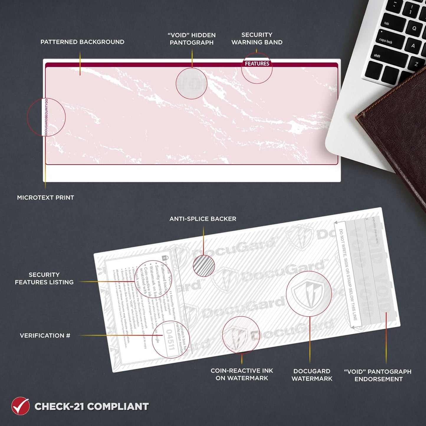 DocuGard Standard Burgundy Marble Middle High Security Check Paper - Laser/Inkjet Printer Compatible - 11 Security Features - 500 Blank Business Checks (04511)
