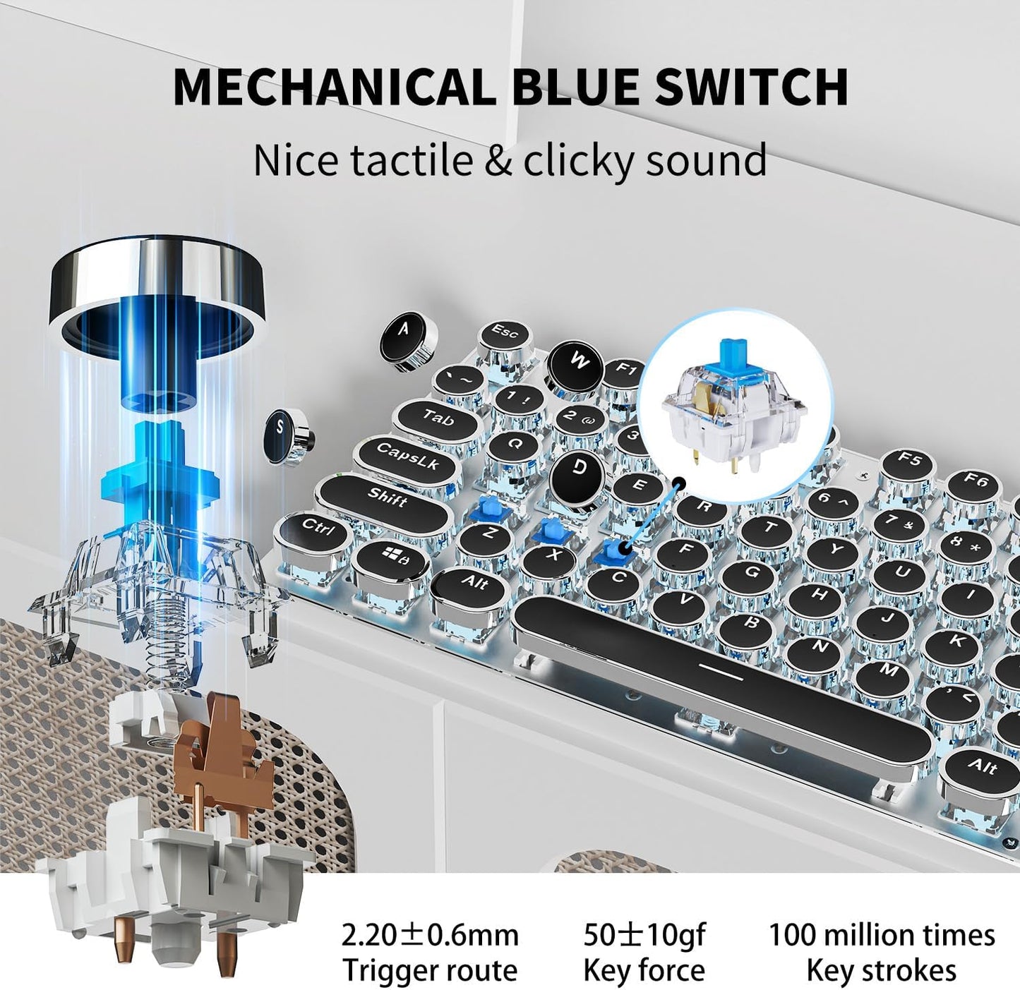 EWEADN TK950 Typewriter Keyboard Wireless Mechanical Keyboard, 104 Keys Aesthetic Typewriter Keyboards with Blue Backlit, Anti-Ghosting, Blue Switch Bluetooth/2.4GHz/Wired Cute keyboards-Black