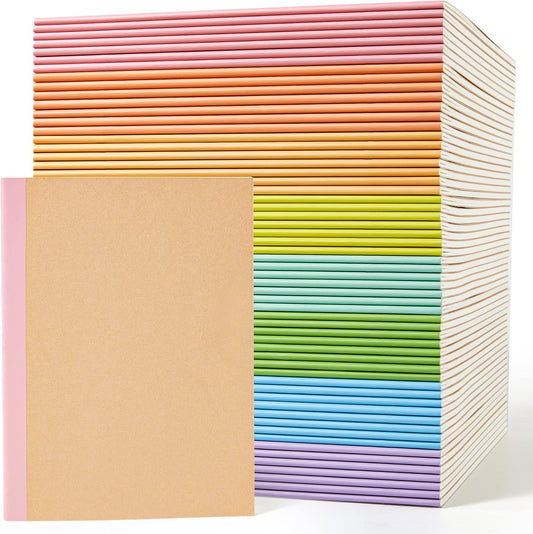 feela 56 Pack Composition Notebooks Bulk, Kraft Cover Lined Blank College Ruled Composition Travel Journals with Rainbow Spines For Women Students Business, 60 Pages, 8.3”x 5.5”, A5, 8 Pastel Colors