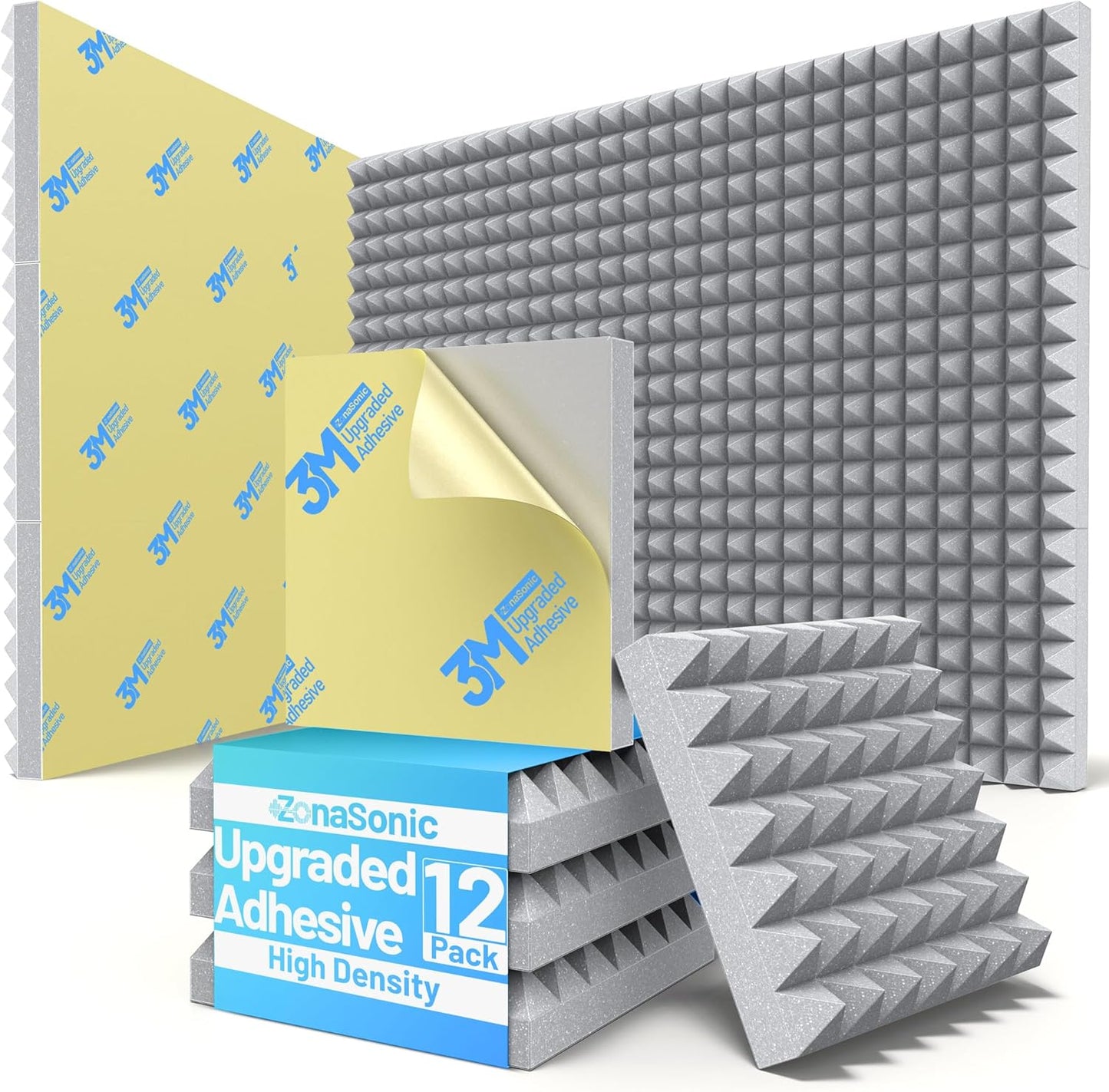 12 Pack Pyramid Sound Proof Foam Panels for Walls with Updated Self-Adhesive 3"X12"X12" High Density Acoustic Panels Sound Absorbing Fast-Expanding Soundproof Wall Panels for Gaming Studio Decor- Gray
