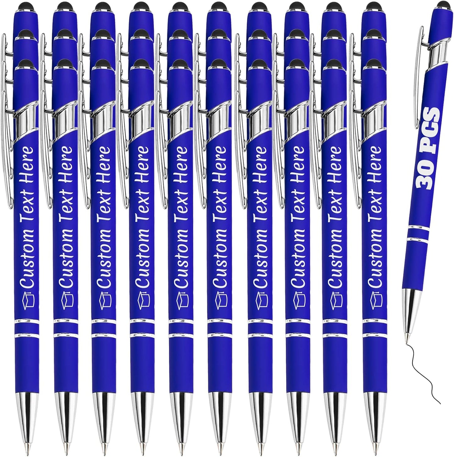 Personalized Pens Bulk 30 with Name Custom Engraving Ballpoint Pens with Stylus Tip Customized Smooth Writing Pens Personalized Gifts for Anniversary Birthday or Graduation(Blue,Black Ink)