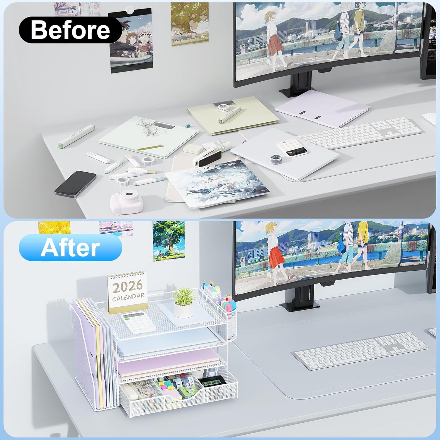 gianotter Desk Organizers and Accessories with File Holder, 4-Tier Desk Accessories & Workspace Organizers with Drawer and 2 Pen Holder, Paper Organizer for Office Supplies (White)