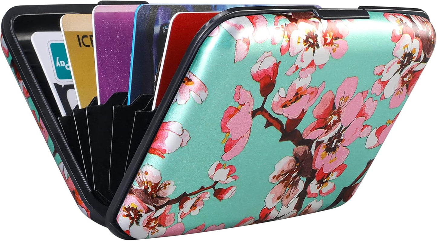 ELFISH Mini RFID Aluminum Wallet Credit Cards Holder Business Card Case Metal ID Case for Men Women（Pink Peach Blossom