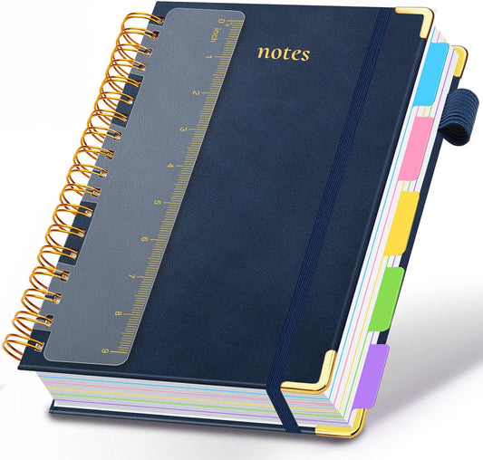 Hardcover Spiral Notebook 8"x10" Journal Notebook with Tabs and Removable Dividers 300 Pages 5 Subject Notebook College Ruled, Faux Leather Spiral Bound Notebook for Women, Students, School Work (Dark Blue)