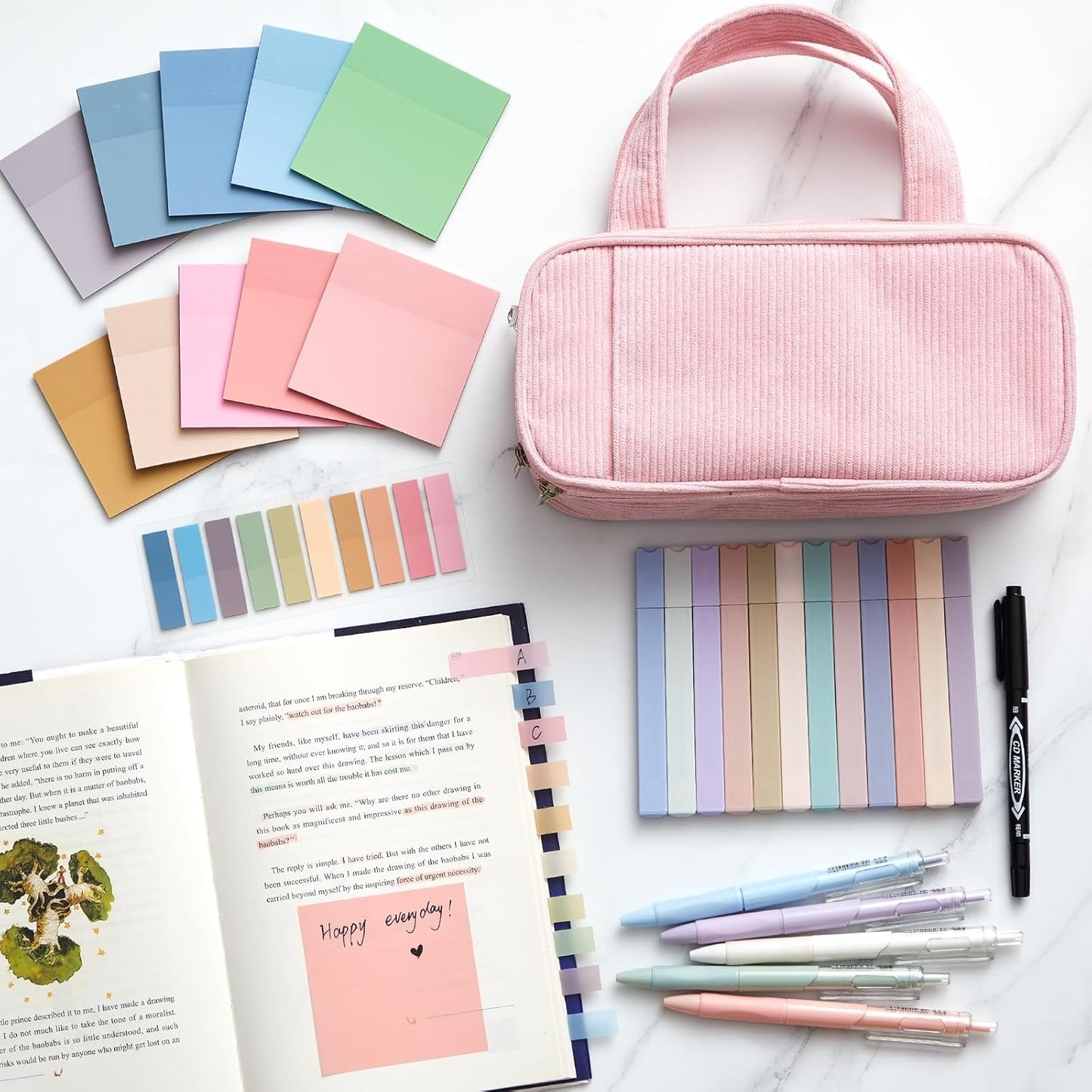 Jutom 39 Pcs Aesthetic Book Annotation Kit Highlighter with Pencil Case Bag Gel Pen Transparent Sticky Note Taking Bible Study College School Supplies(Pink,Classic Style)