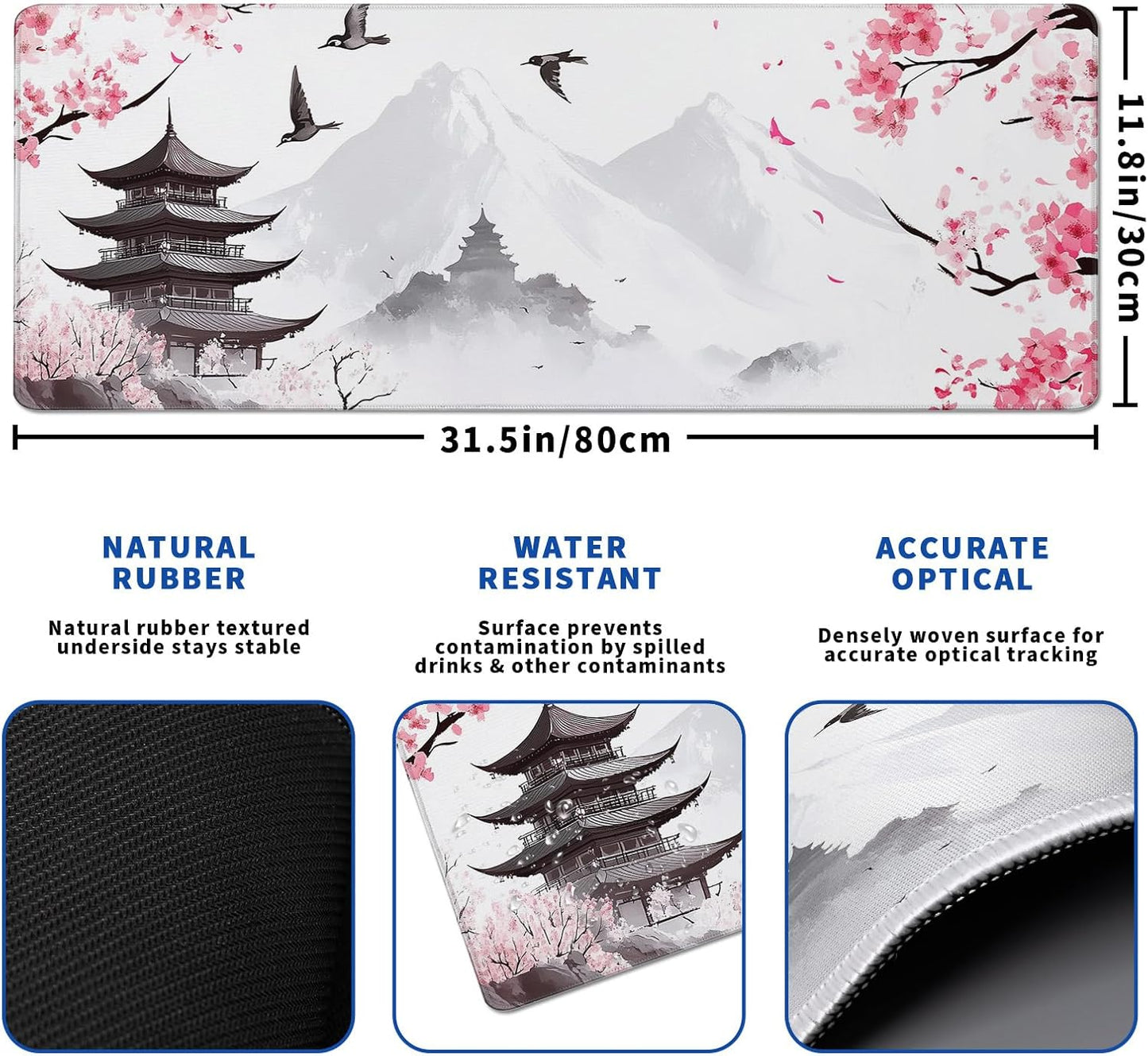 Retro Pagoda Cherry Blossom Watercolor Mouse Pad Abstract Big Mouse Pad 31.5x11.8 Inch Texture Non-Slip Rubber Base Large Mousepad Stitched Edges Keyboard Mouse Mat Desk Pad for Office and Home