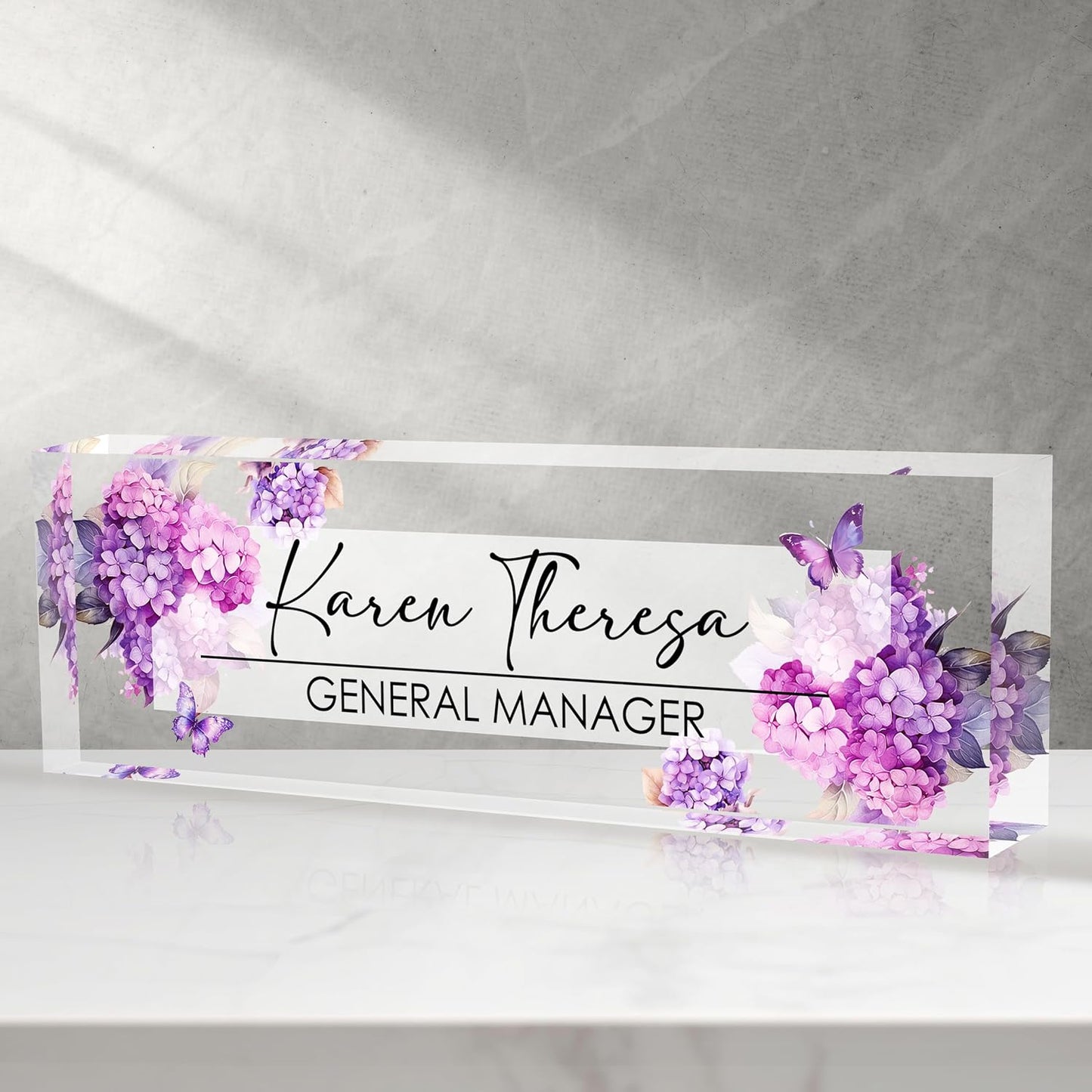 Custom Office Name Plate, Personalized Gifts for Women & Men, Appreciation Gifts for Employees, Boss, Teacher - Office Desk Accessory (Purple Hydrangea Flower)