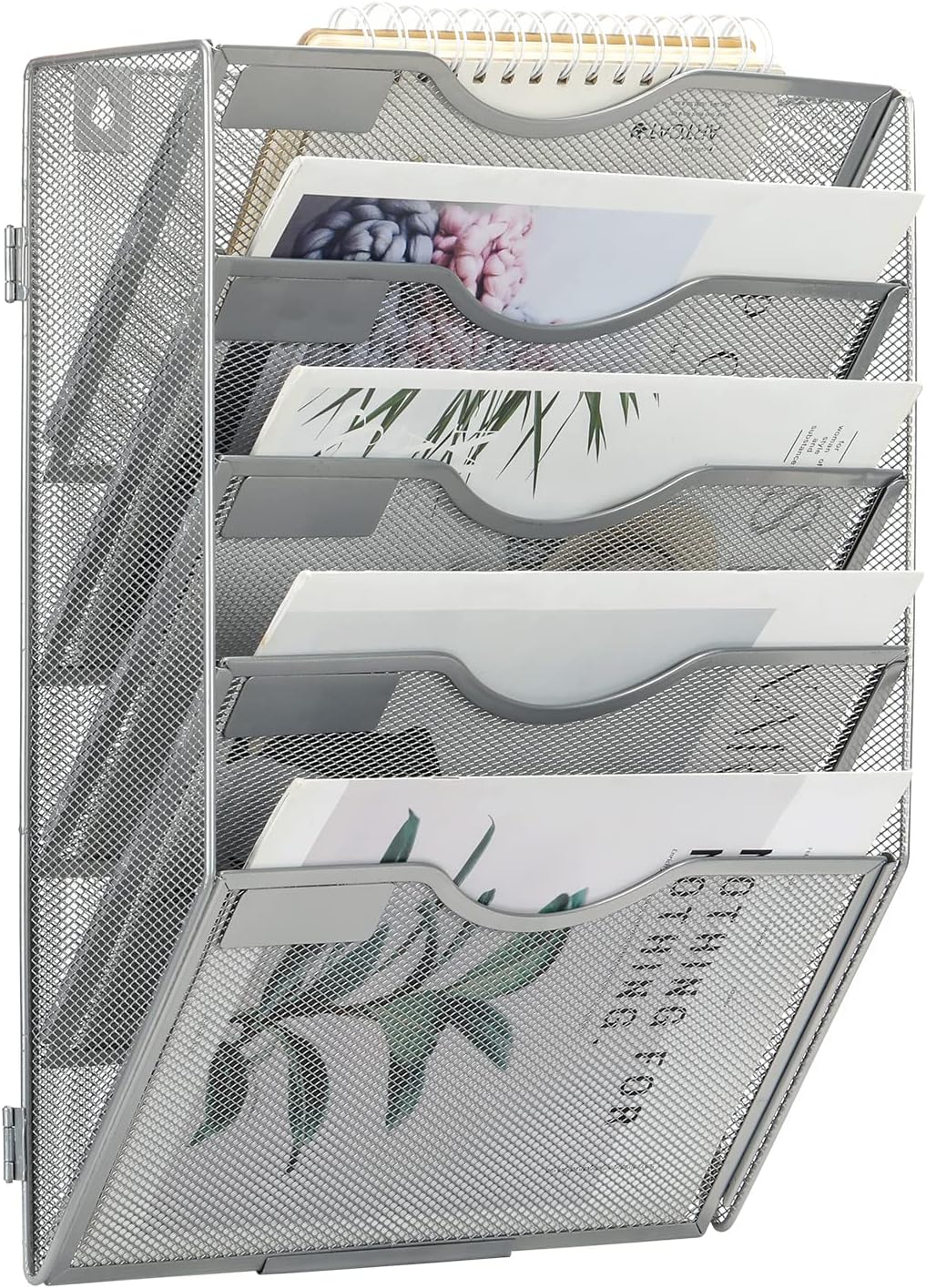 EasyPAG Wall File Holder Organizer 5 Pocket Mesh Hanging Wall Mounted Document Paper Folder Filing Magazine Rack with Nametag Label for Office Home School, Sliver