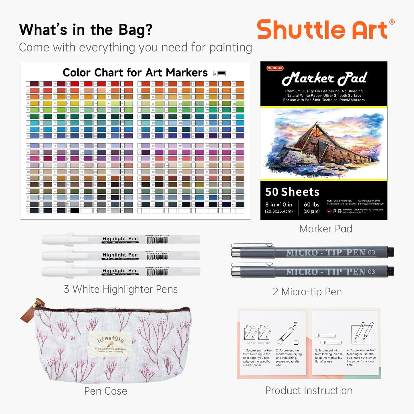 Shuttle Art 310 Colors Alcohol Markers, 309 Colors Dual Tip Art Marker Set Plus Colorless Blender, Micro-tip Pens, White Highlighter Pens, Marker Bag with Holders Perfect for Students Adults Coloring