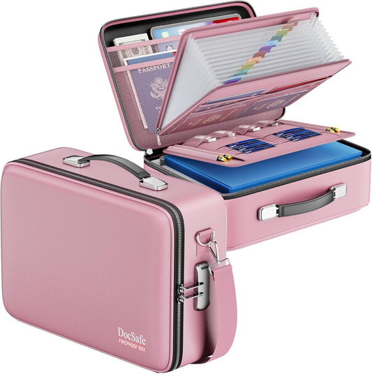 DocSafe Fireproof Document Box with Lock＆Shoulder Strap,Hard Case File Organizer with Accordion File Folder,Multi-Layer Portable Home Office Travel Safe Storage for Important Documents Laptop Pink
