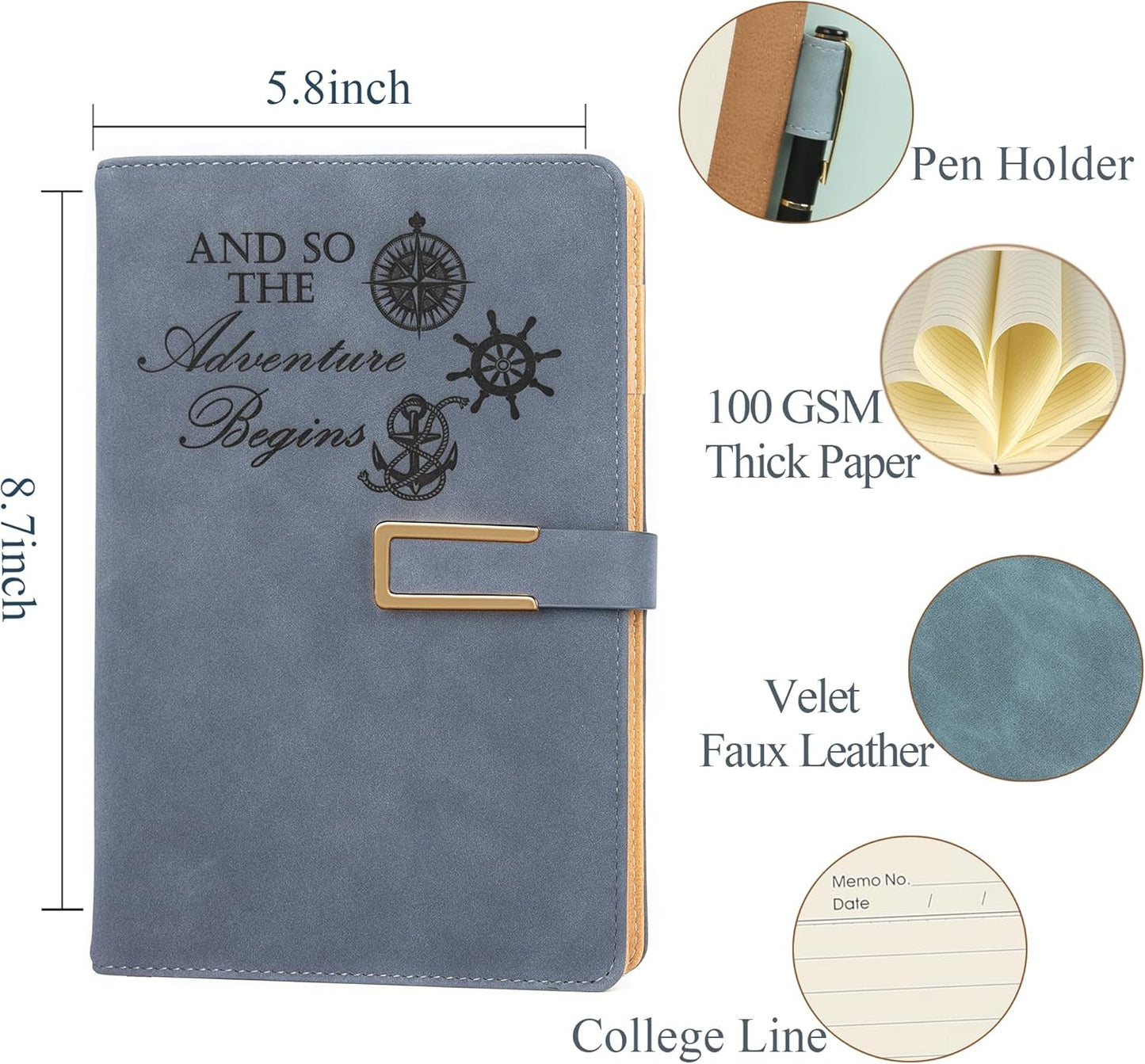 Fanery Sue Refillable Adventure Travel Journal For Women & Men Faux Leather Hardcover A5 Travel Notebook College Ruled 200 Lined Pages Lay-Flat Diary With Pen & Magnetic Buckle（Adventure - Blue