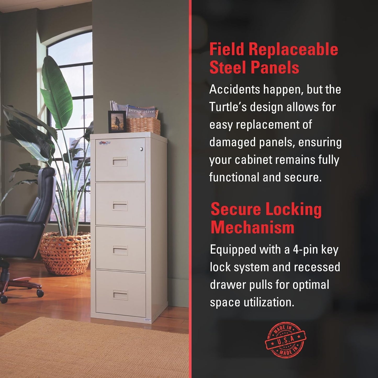 FireKing Turtle Vertical 4 Drawer Legal and Letter Fire Safe File Cabinet with Key Lock, 1 Hour Fire Rated, UL Rated & Water Resistant Home Safe, Filing Cabinet, Made in The USA, Black